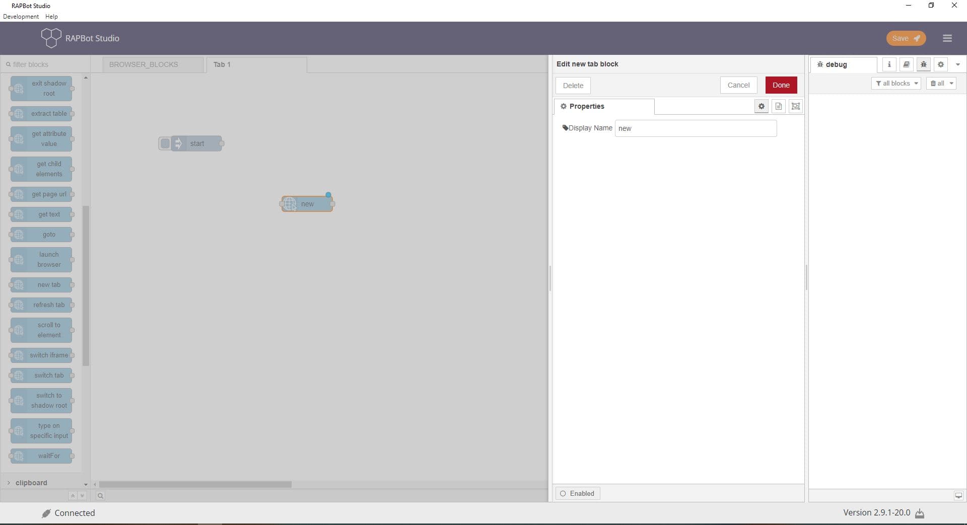 Bot Studio new tab block configuration