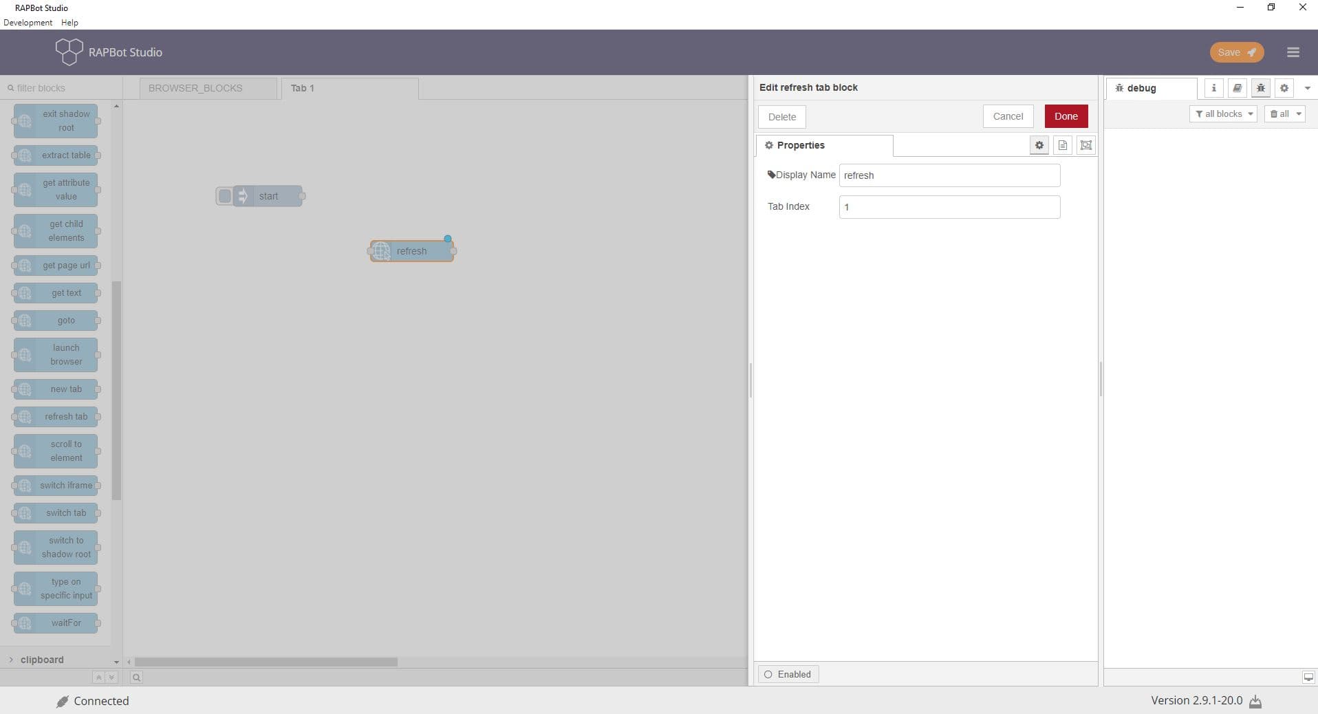 Bot Studio refresh tab block configuration