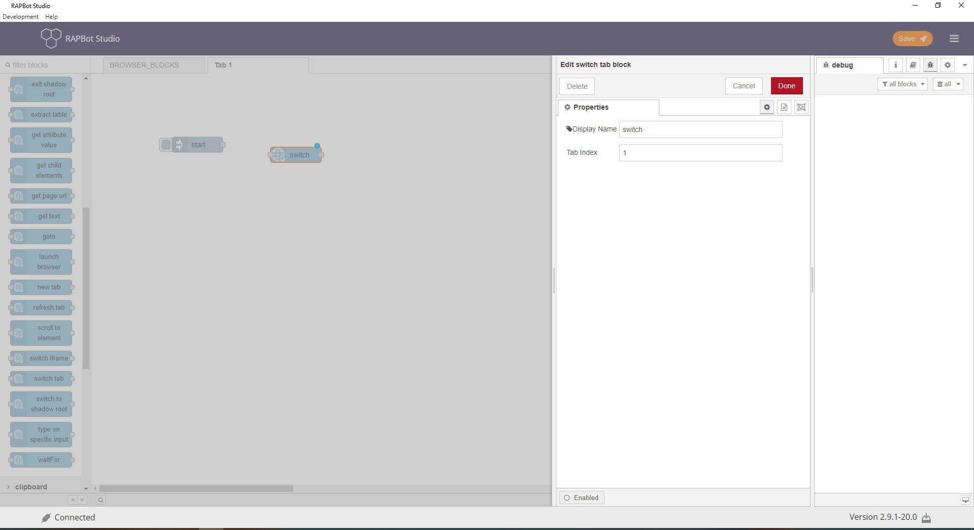 Bot Studio switch tab block configuration