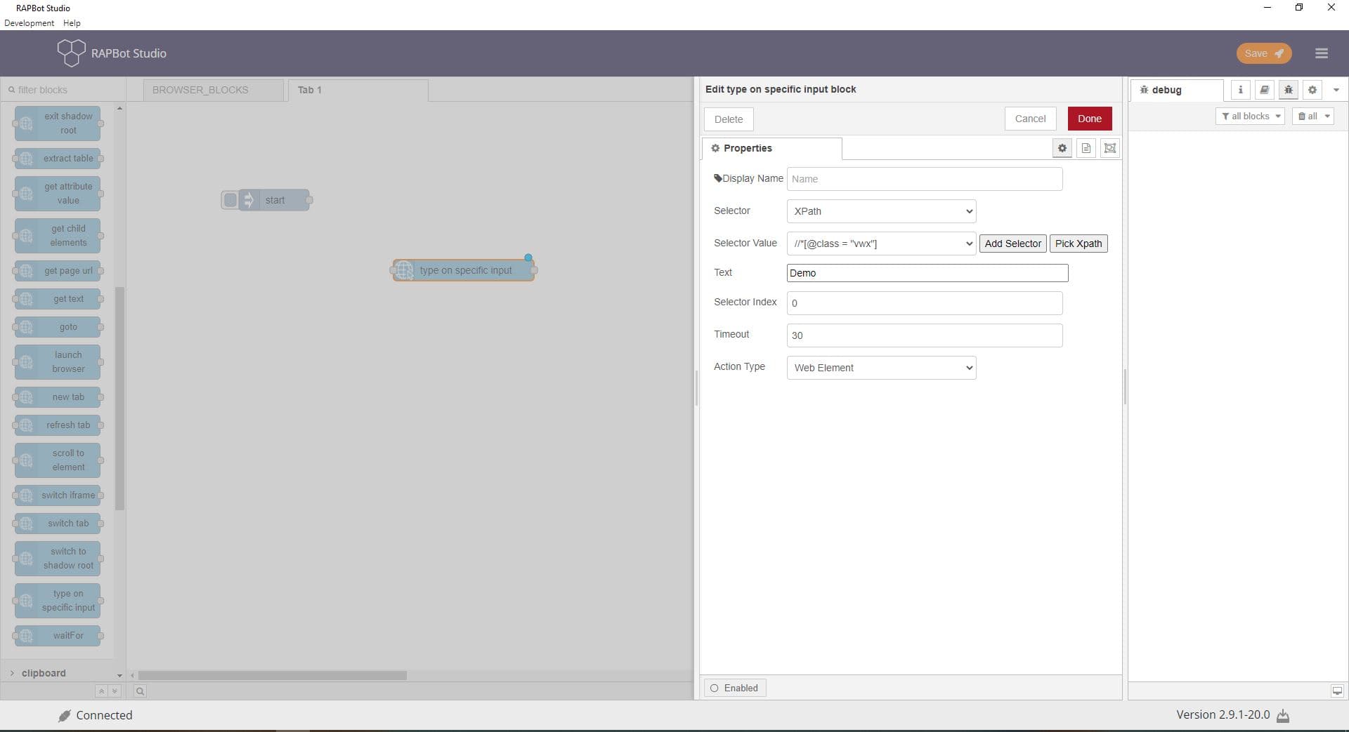 Bot Studio type on specific input block configuration