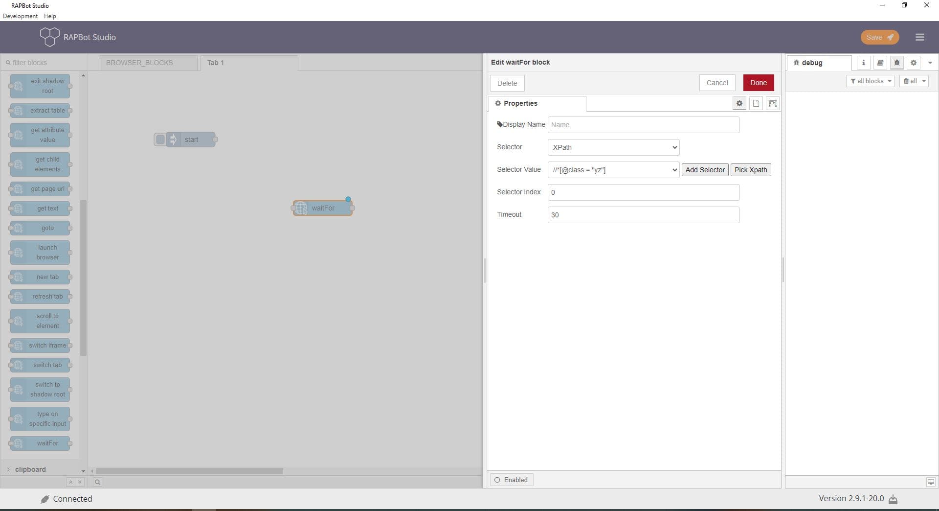 Bot Studio wait for block configuration