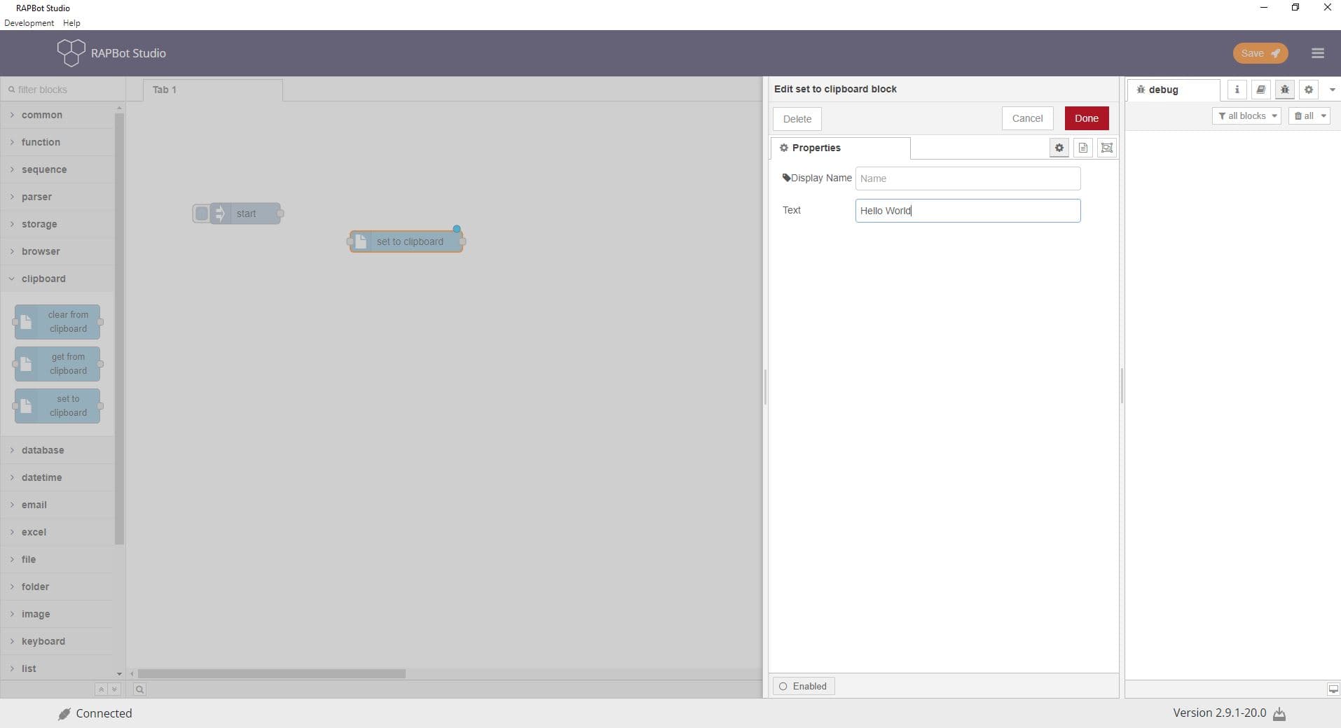 Bot Studio set to clipboard block configuration