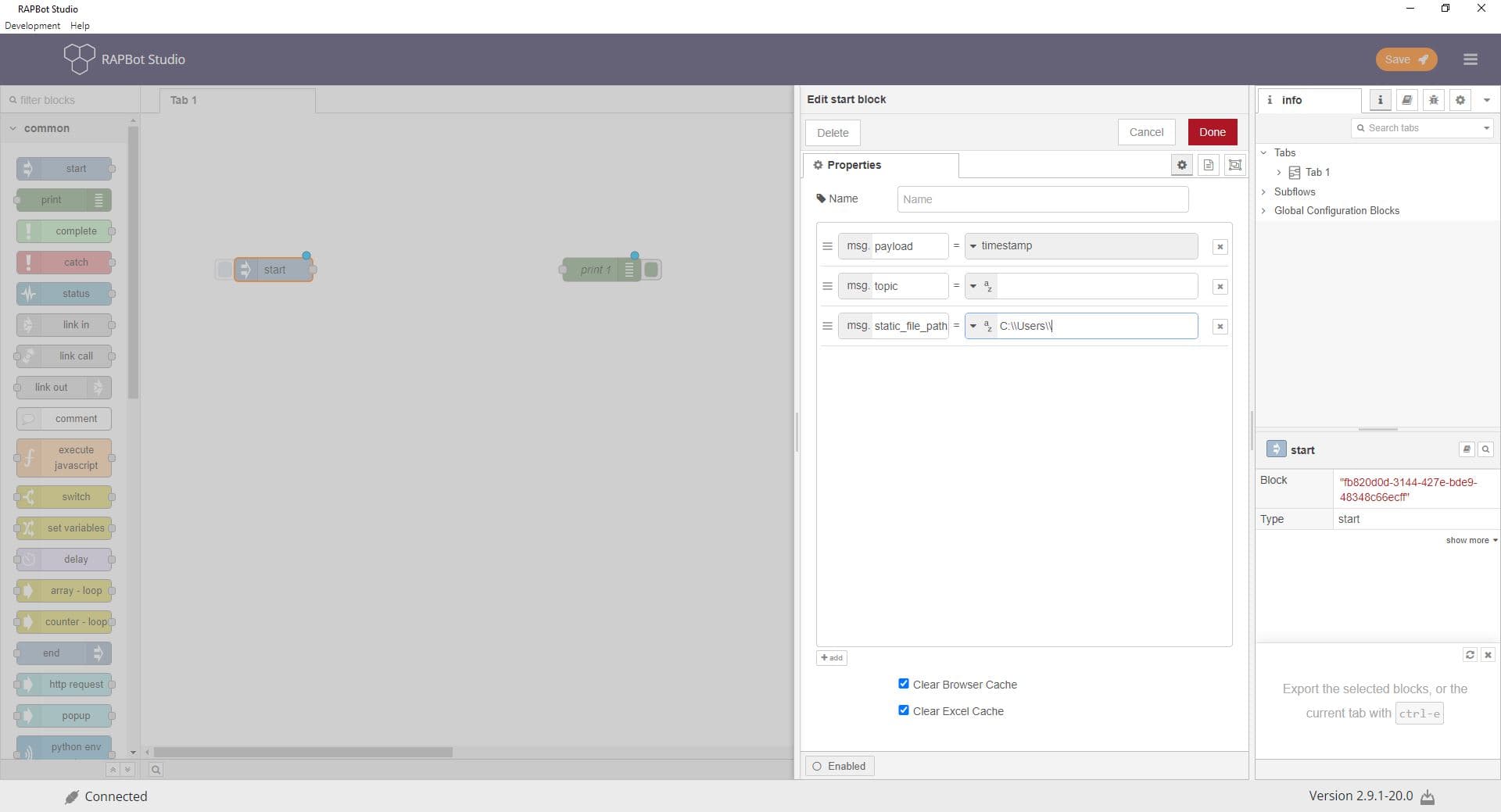 Edit start block dialog showing message properties and cache options