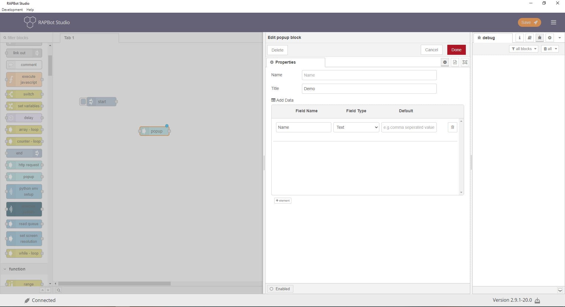 Bot Studio popup block configuration with form fields