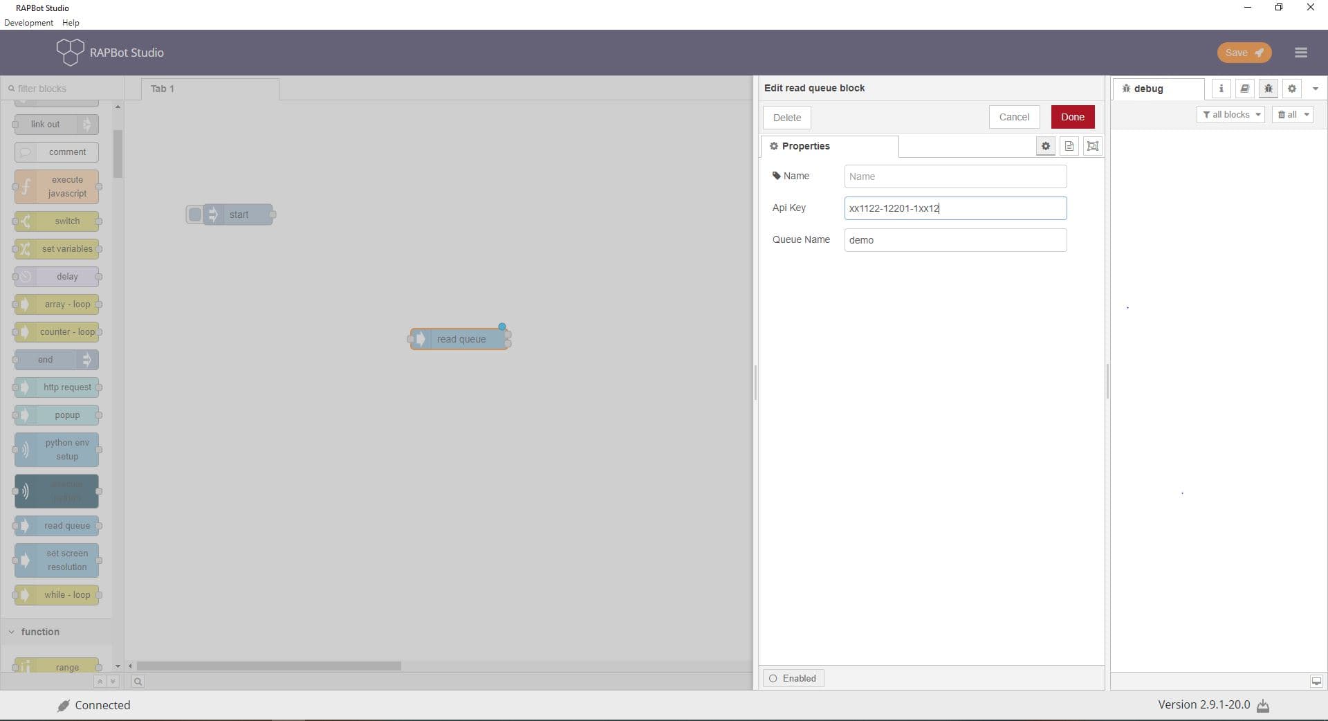 Bot Studio read queue block configuration