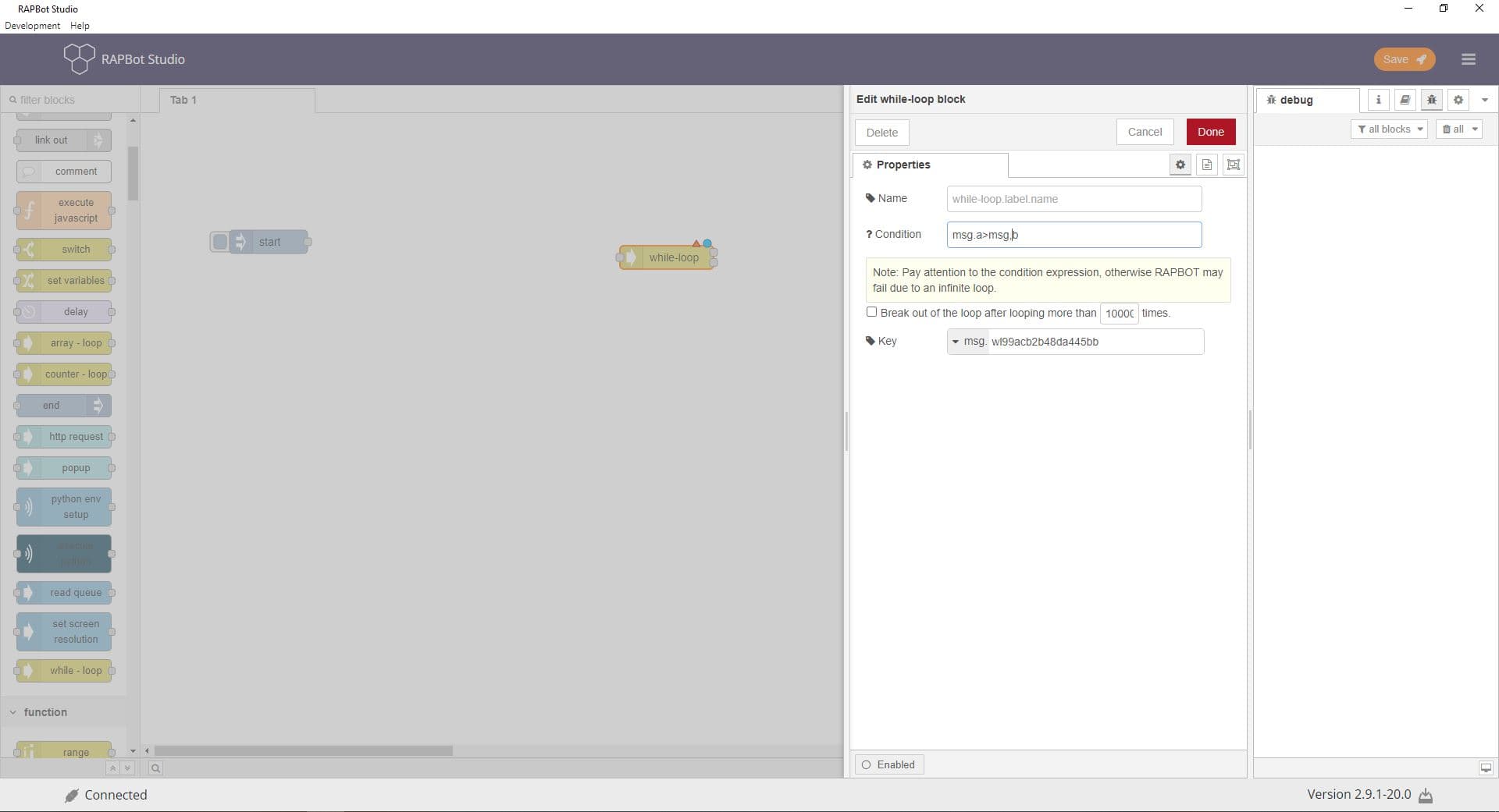 Bot Studio while loop block configuration