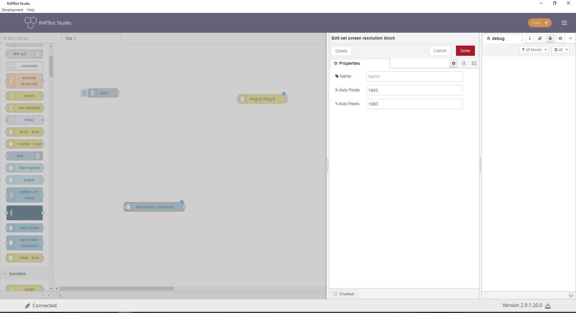 Bot Studio set screen resolution block configuration