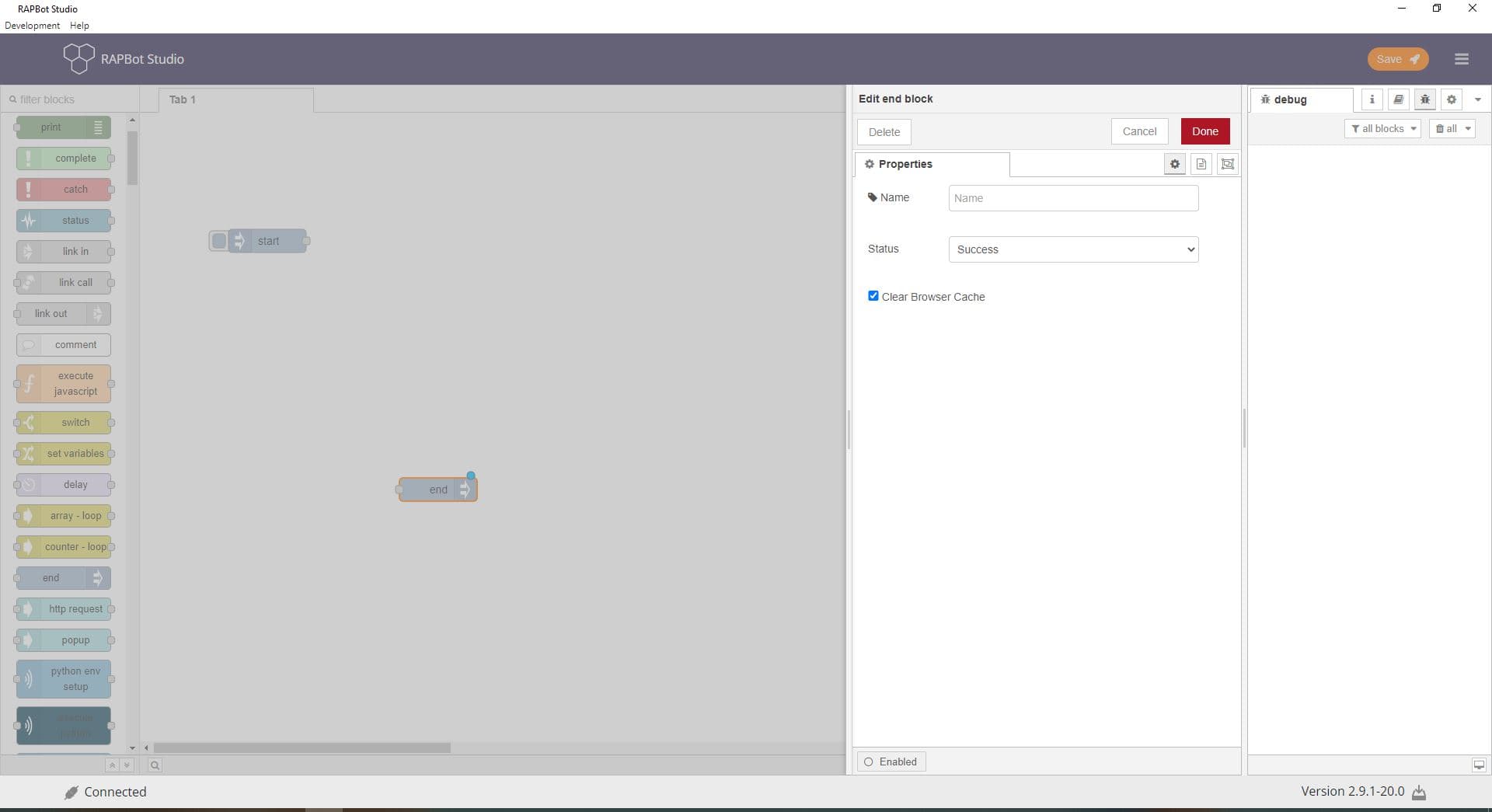 Bot Studio end block configuration with Status and Failure Reason fields