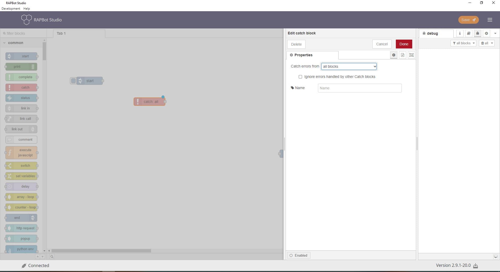 Bot Studio catch block configuration with scope and block selection