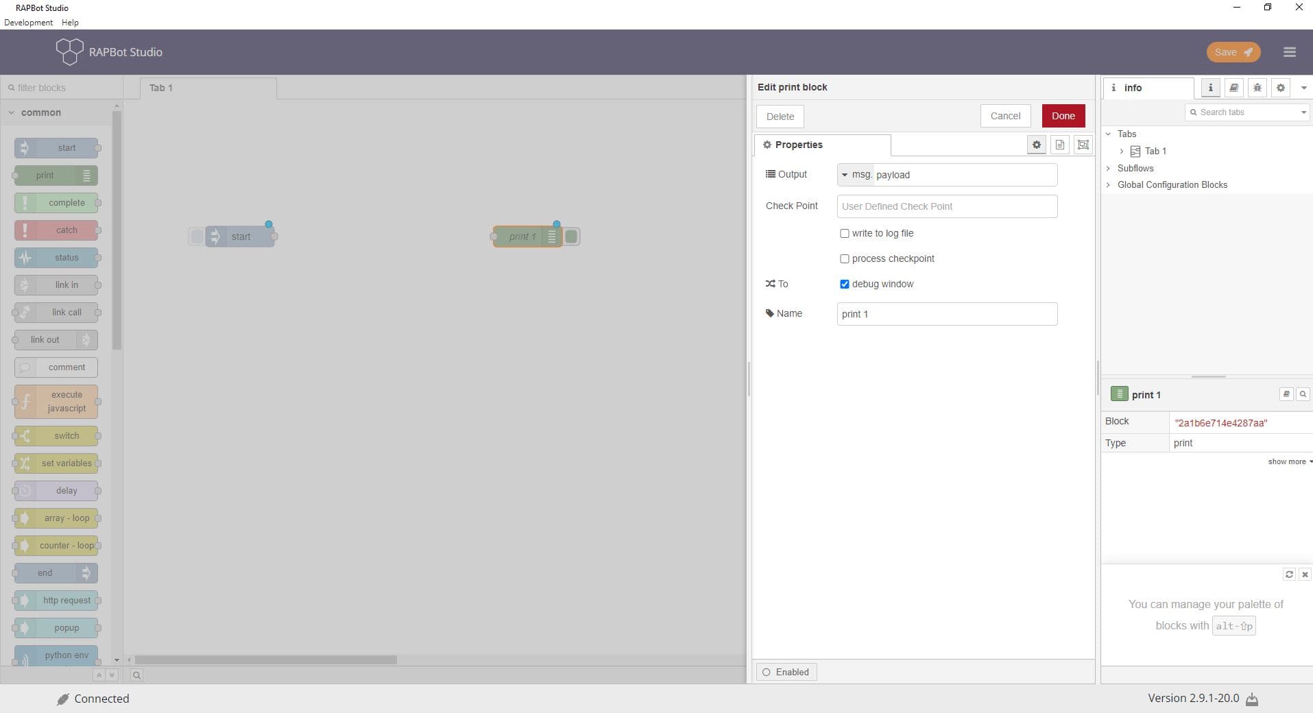 Bot Studio print block configuration showing Output, Check Point, write to log file, and process checkpoint options