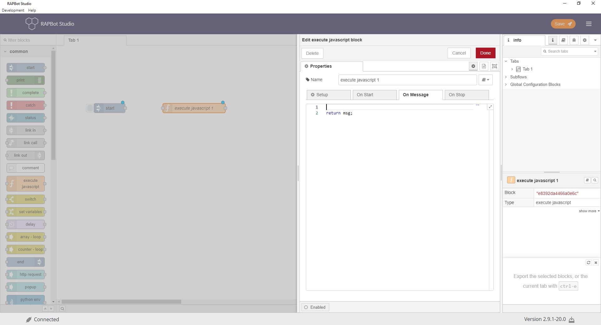 Bot Studio execute javascript block on canvas