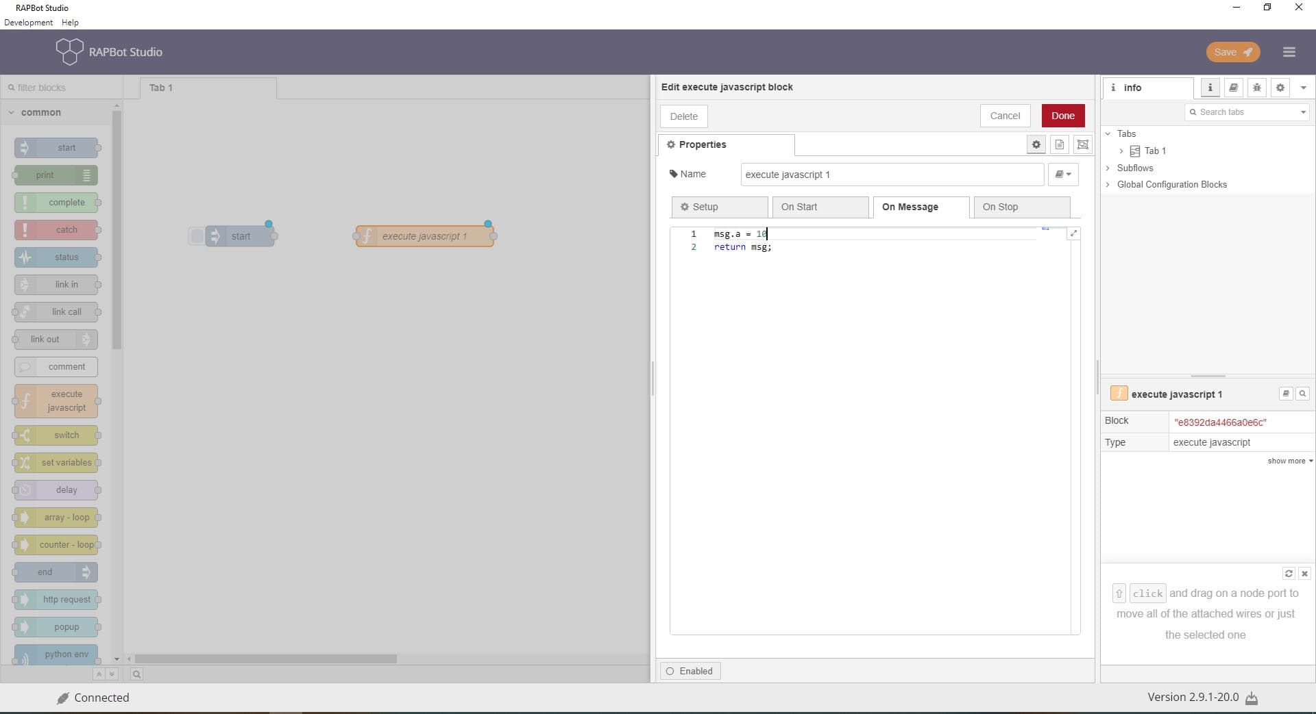 Execute javascript block editor with On Message, Setup, and Modules tabs