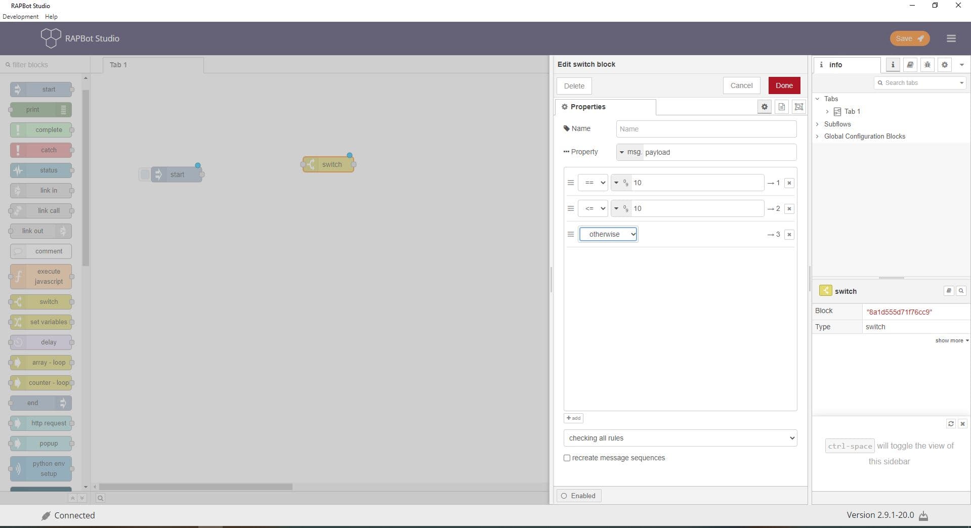 Bot Studio switch block configuration with property and rules
