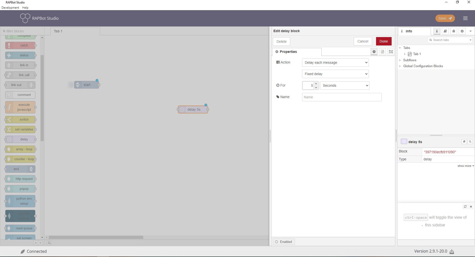 Bot Studio delay block configuration