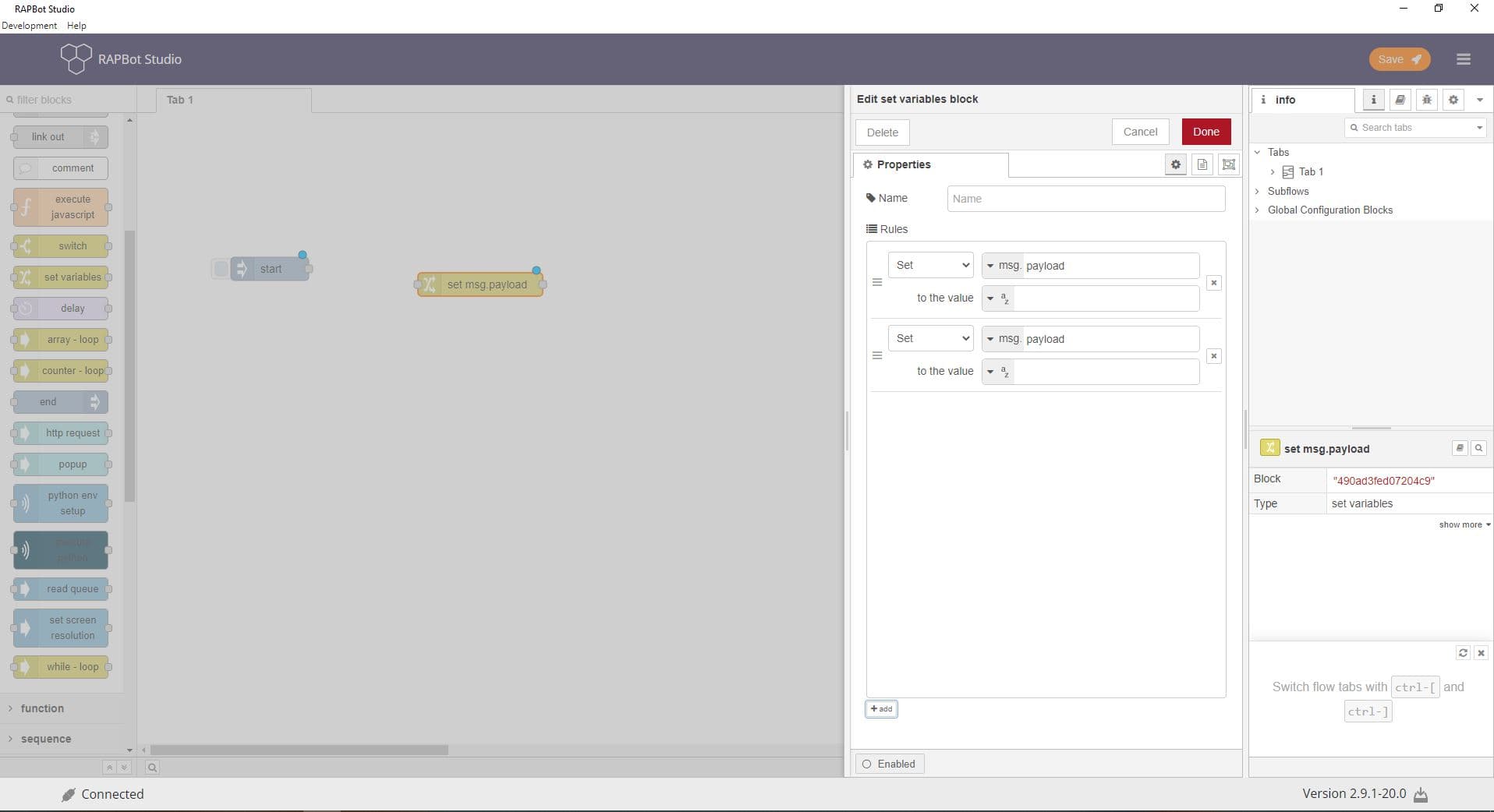 Bot Studio set variables block with rules configuration