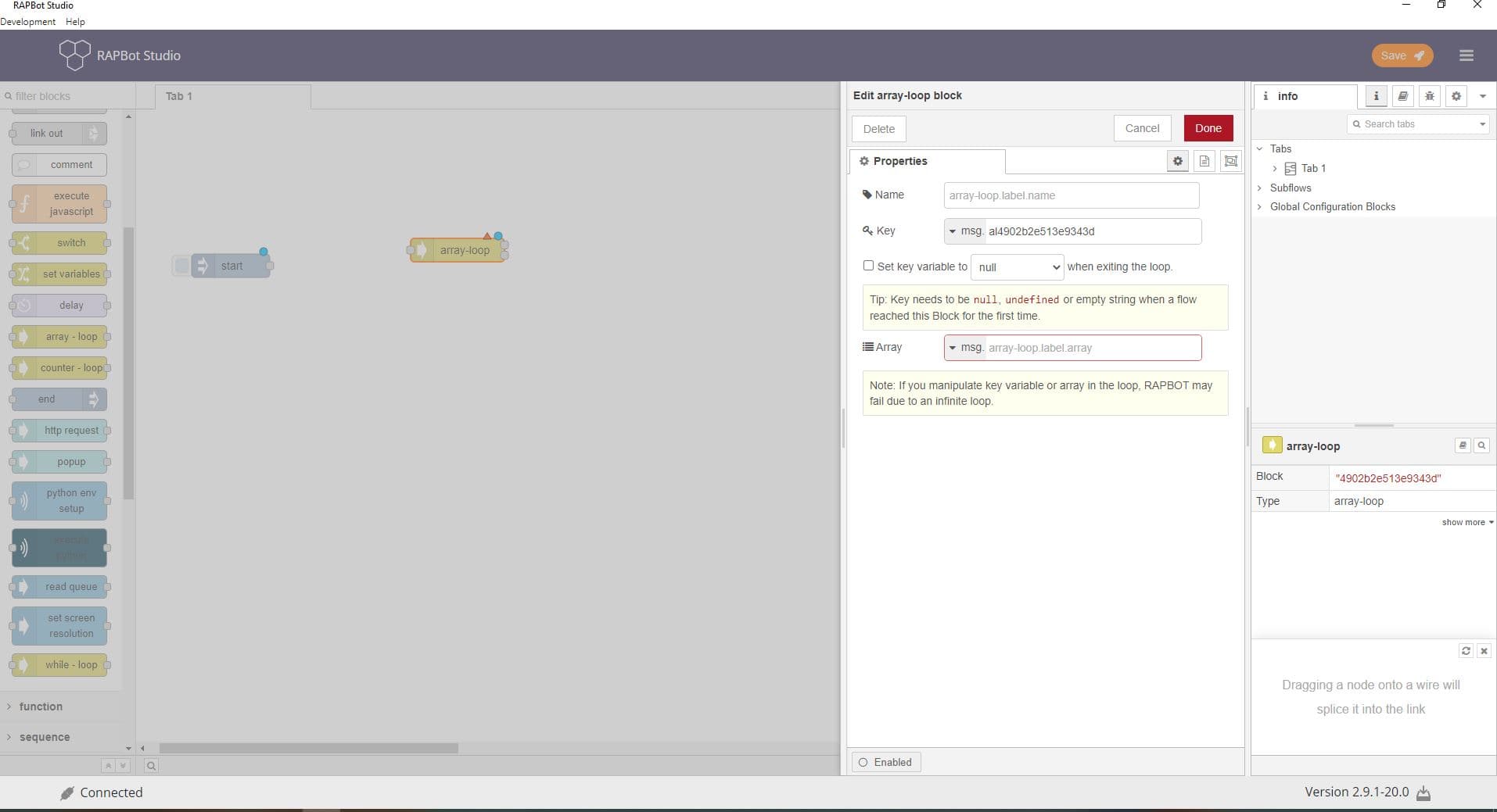 Bot Studio array loop block on canvas