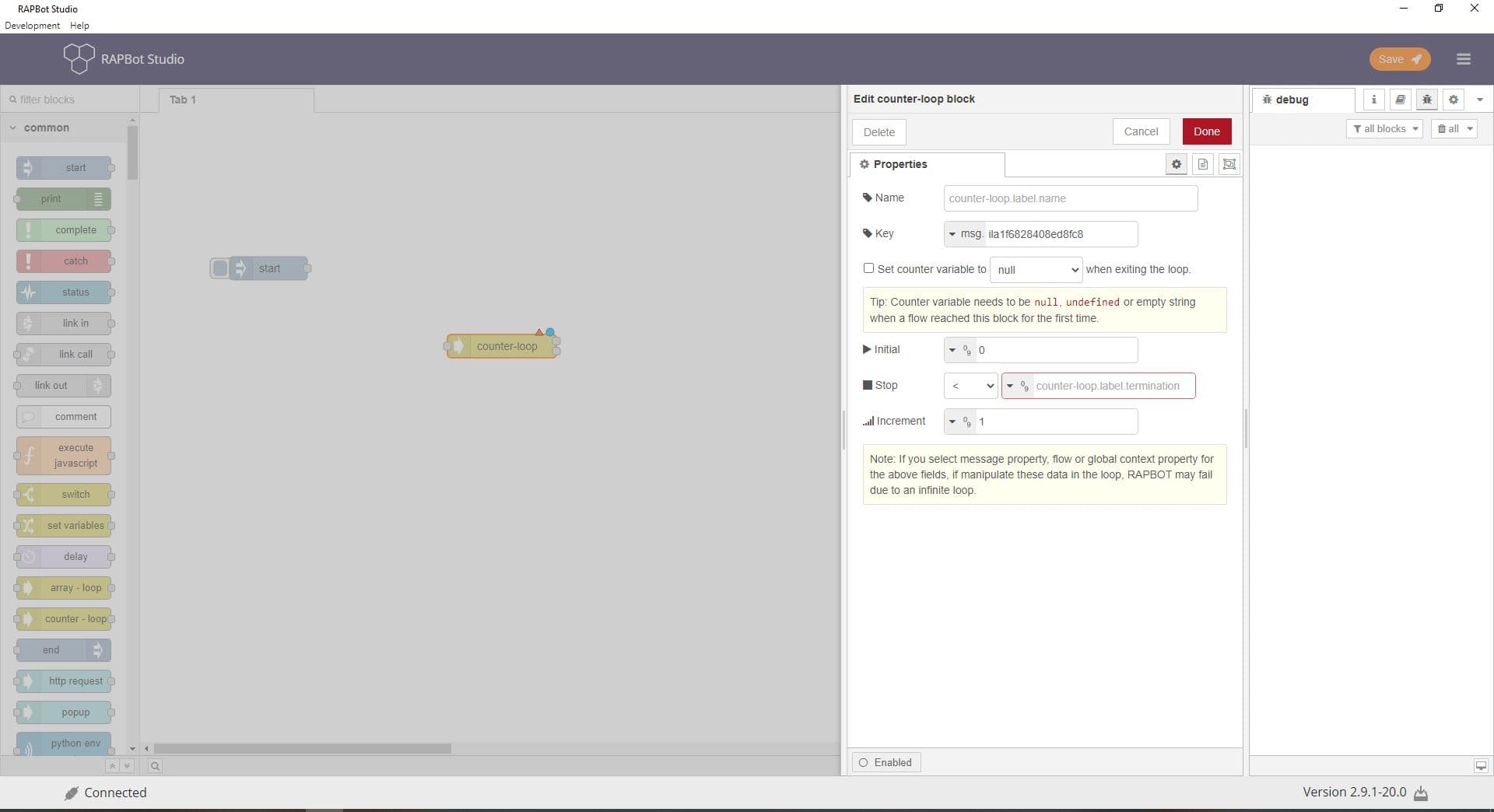 Bot Studio counter loop block on canvas