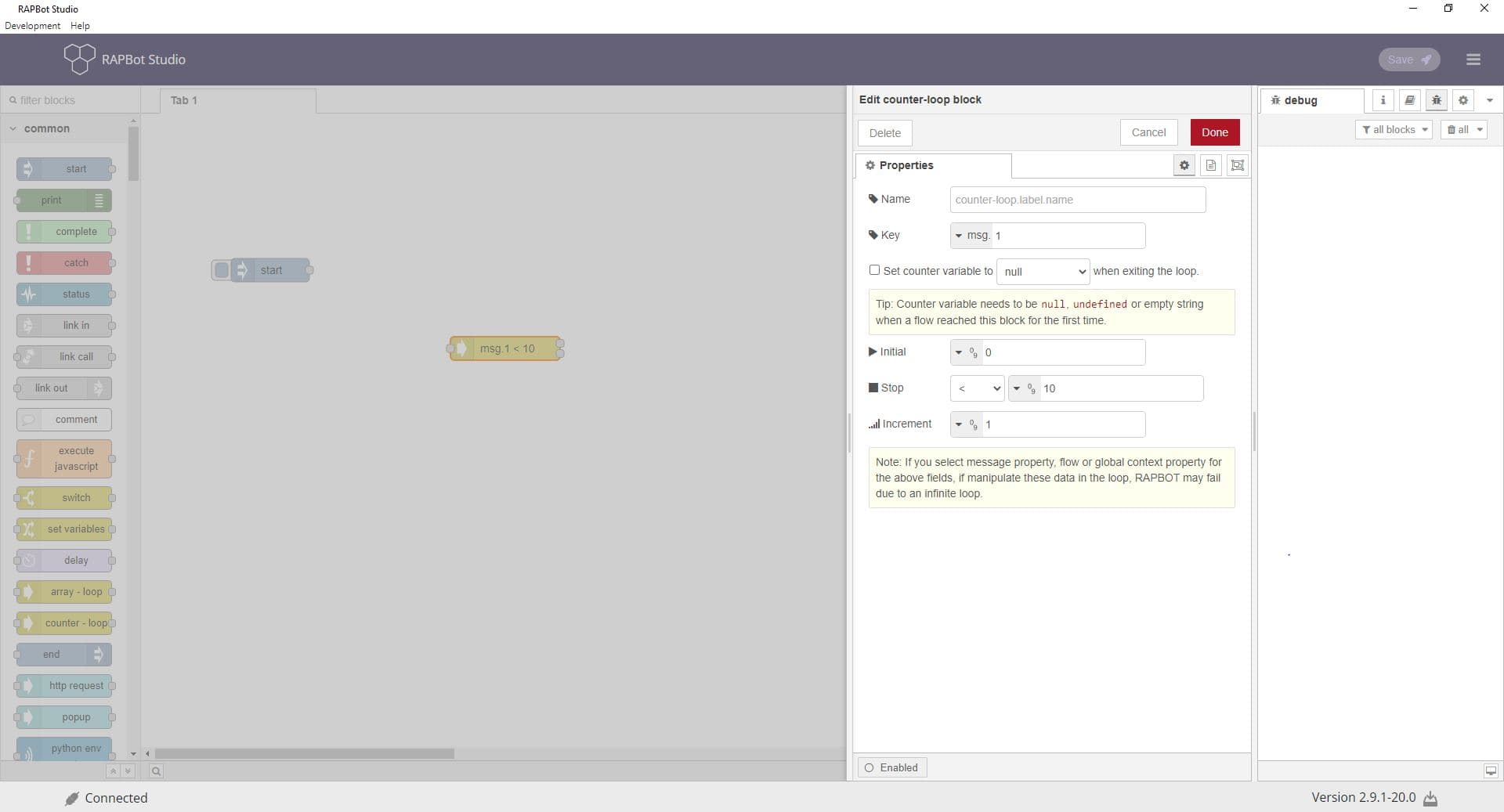 Counter loop Initial, Stop, Increment, and operator configuration