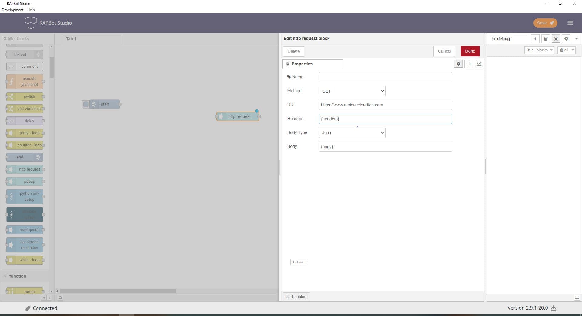 Bot Studio http request block configuration