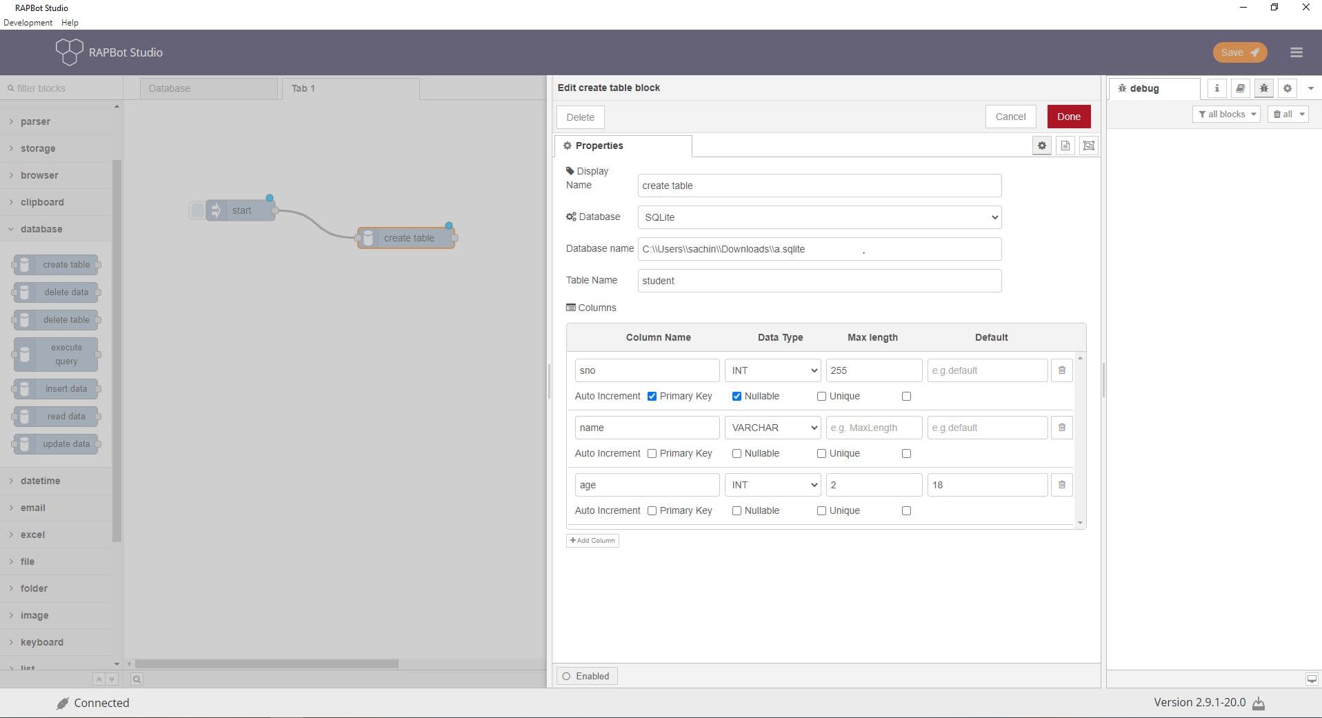 Bot Studio create table block configuration