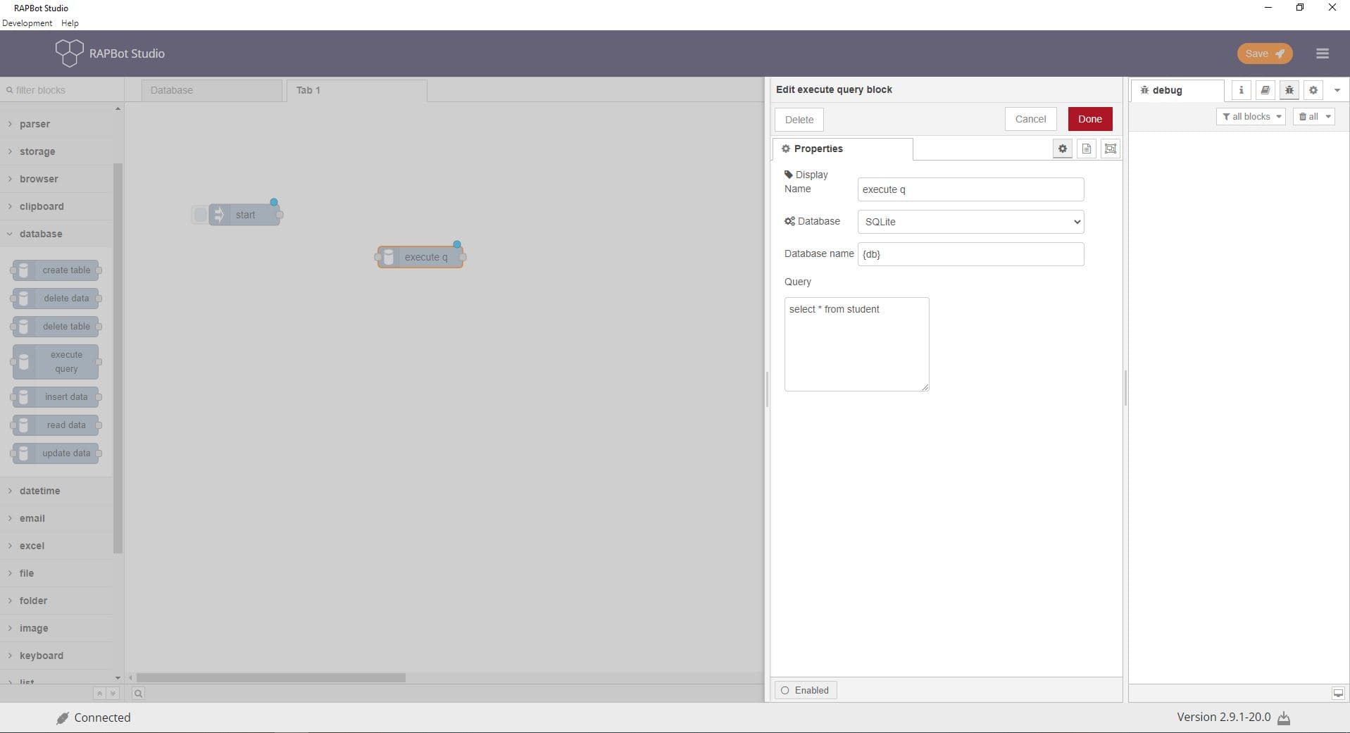 Bot Studio execute query block configuration