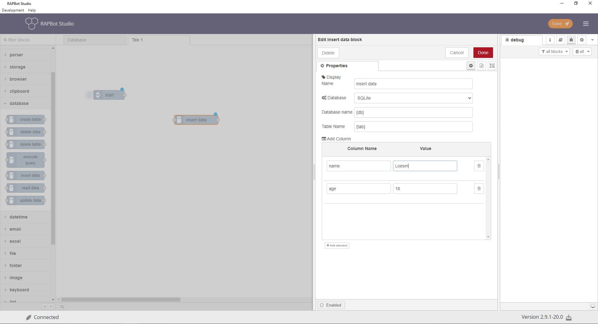 Bot Studio insert data block configuration