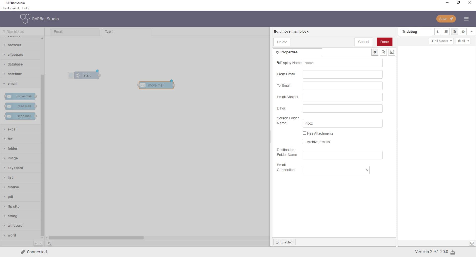 Bot Studio move mail block configuration