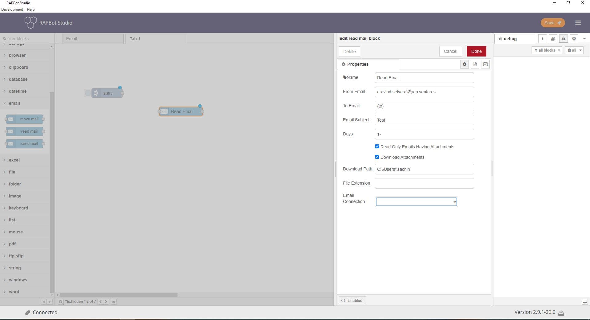 Bot Studio read mail block configuration