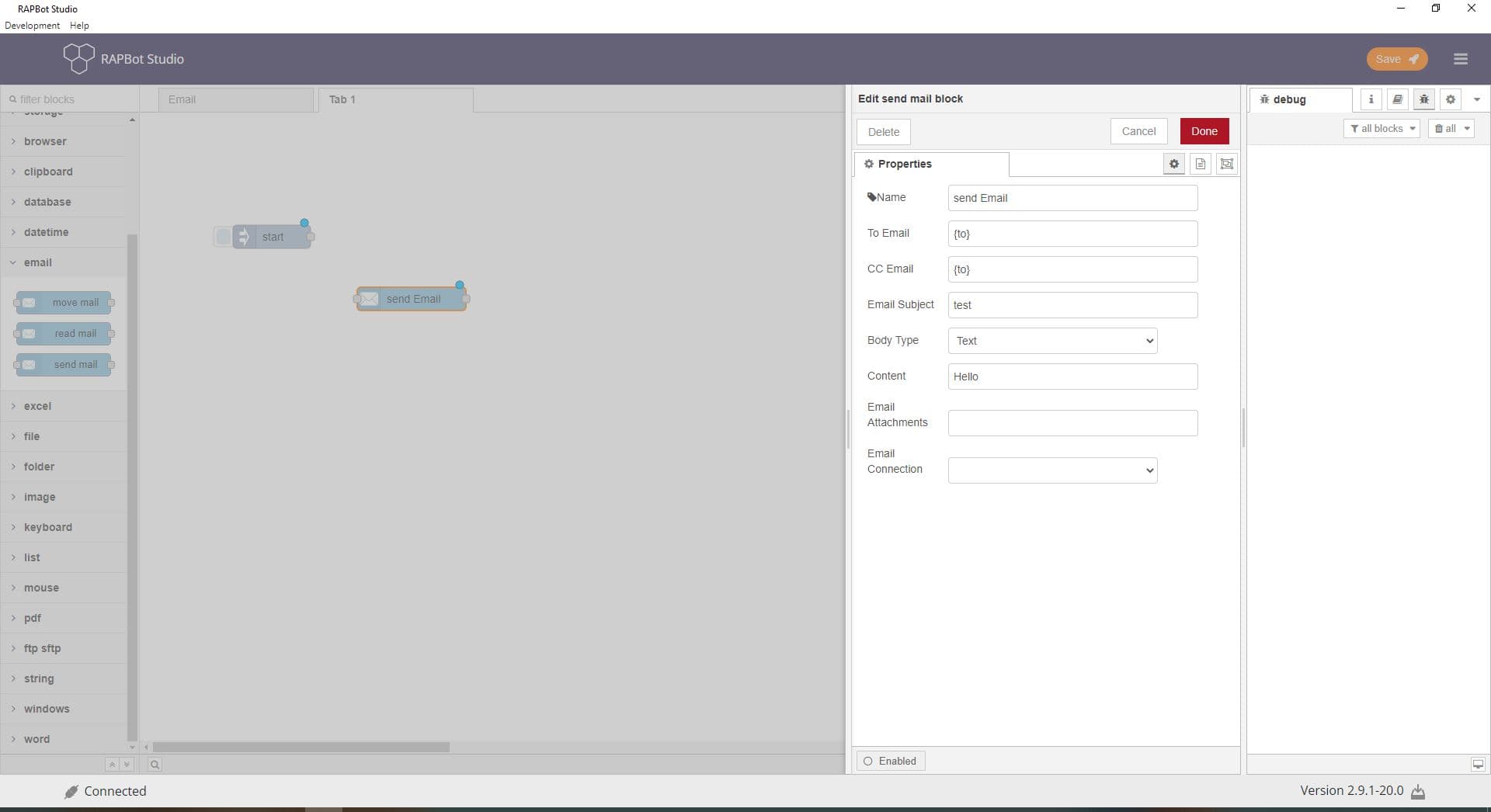 Bot Studio send mail block configuration
