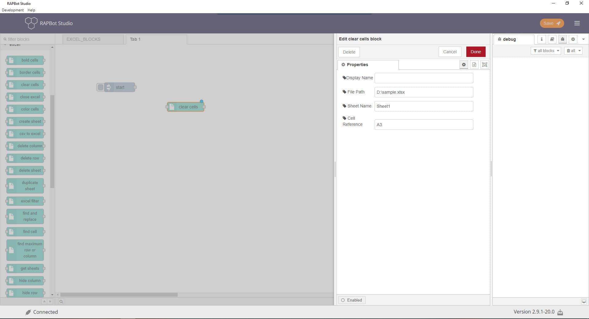 Bot Studio clear cells block configuration