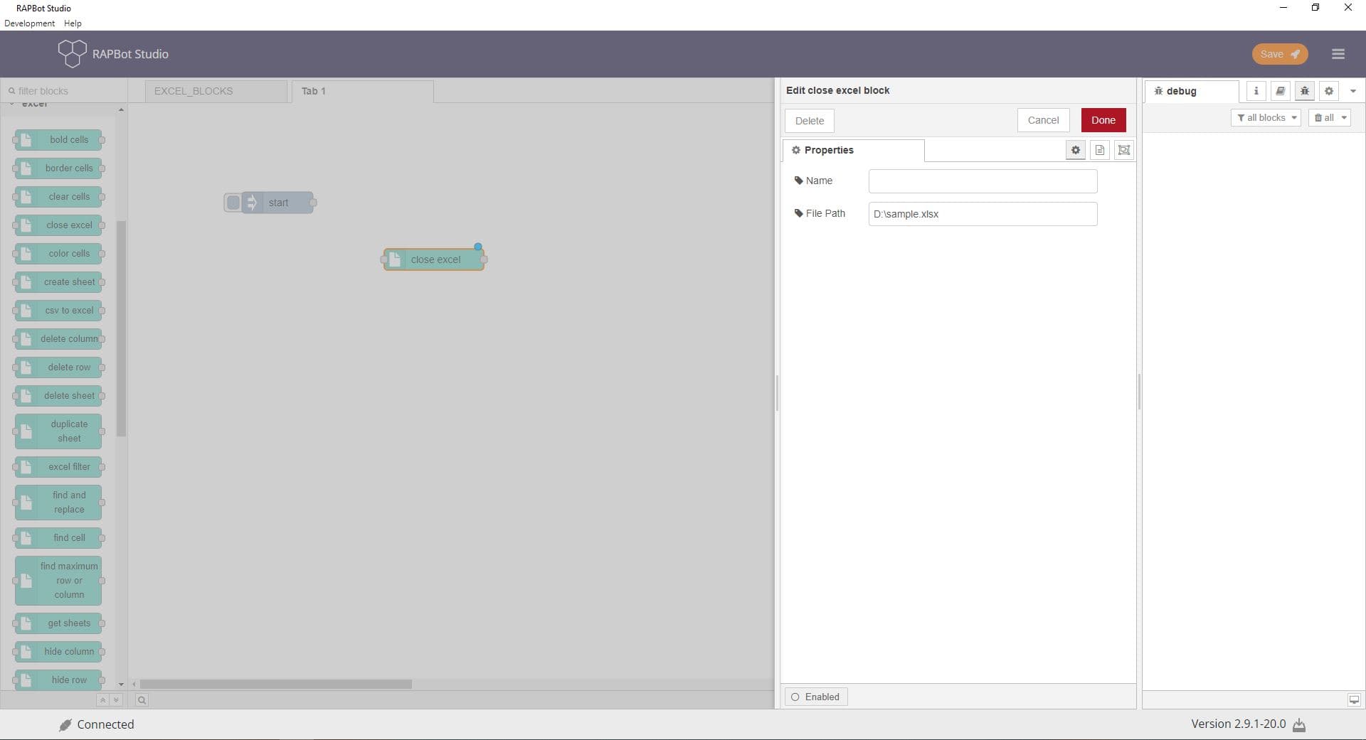 Bot Studio close excel block configuration