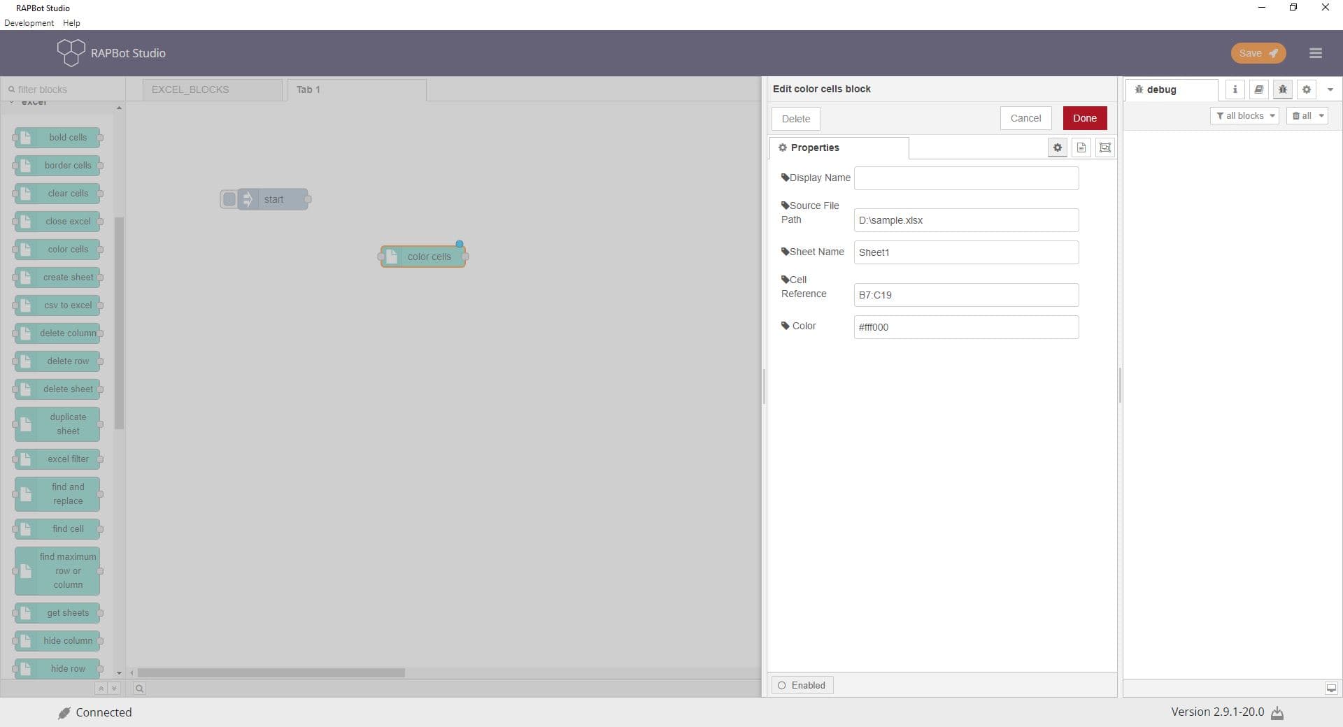 Bot Studio color cells block configuration