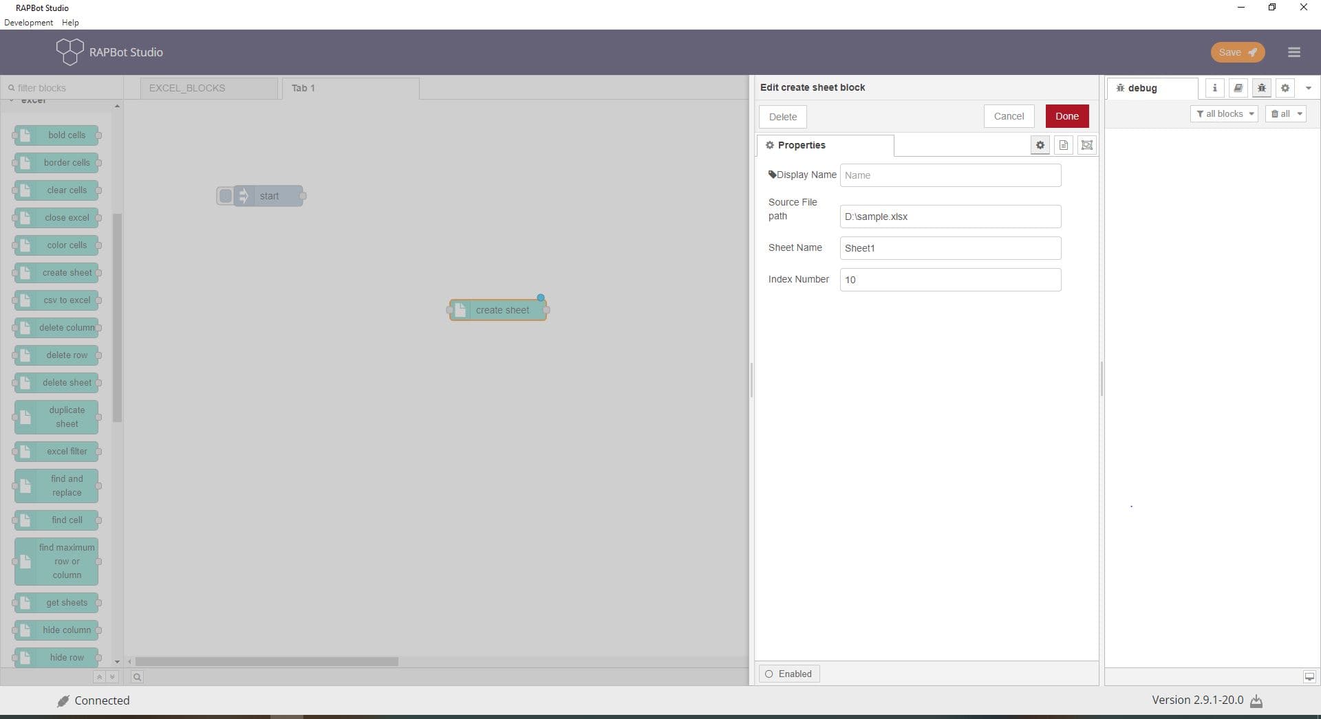 Bot Studio create sheet block configuration