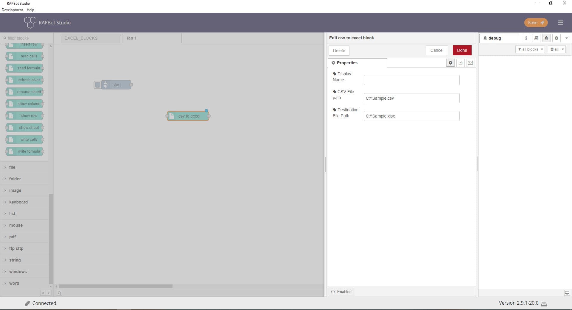 Bot Studio csv to excel block configuration