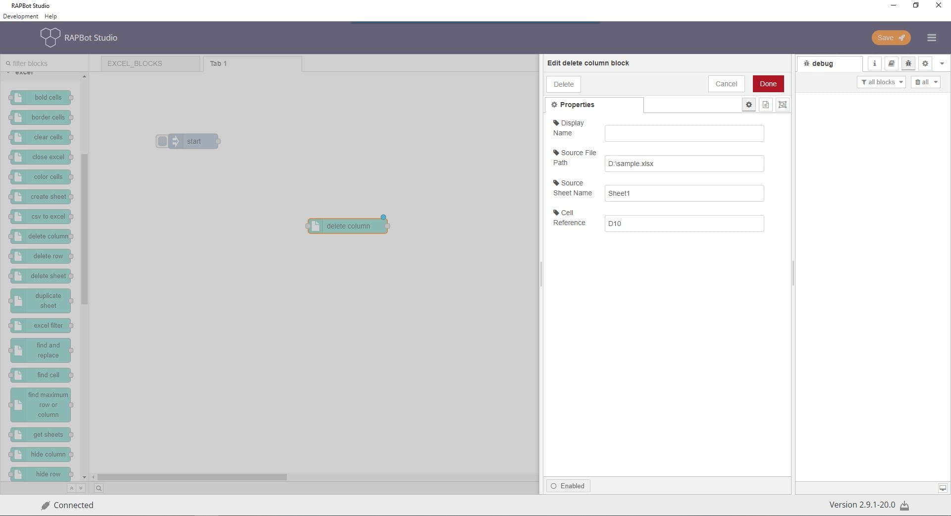 Bot Studio delete column block configuration