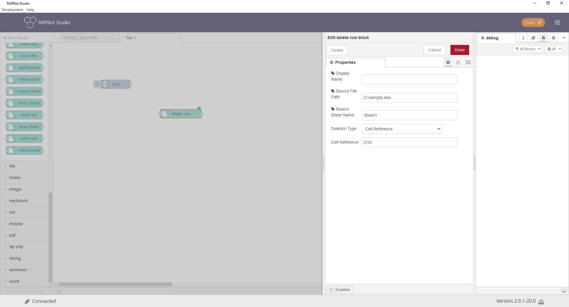 Bot Studio delete row block configuration