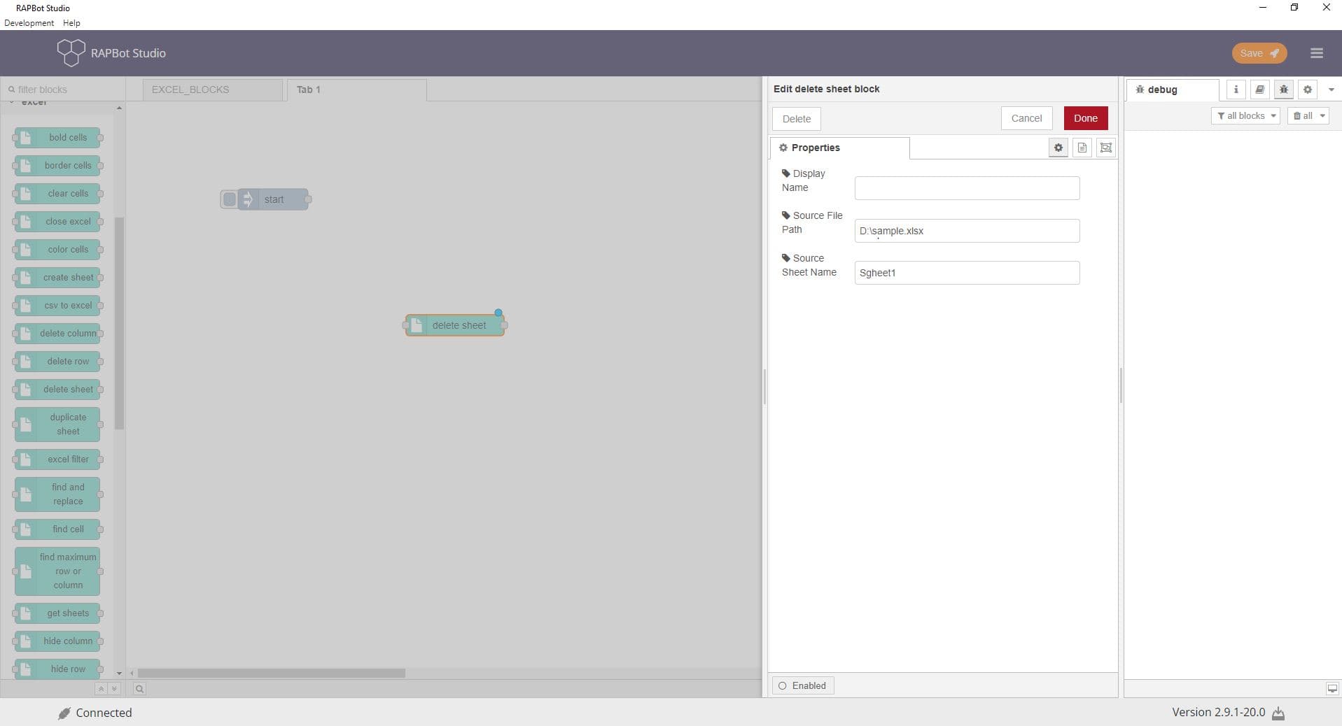 Bot Studio delete sheet block configuration