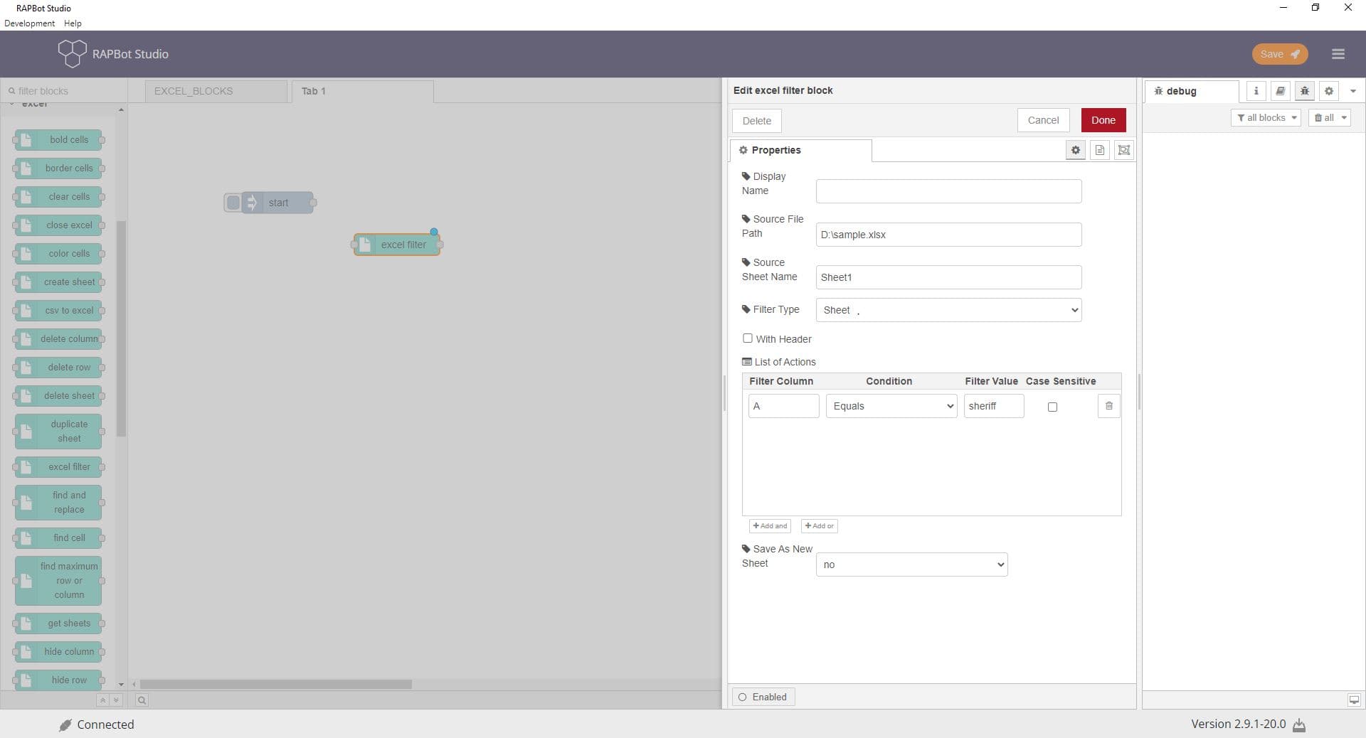 Bot Studio excel filter block configuration