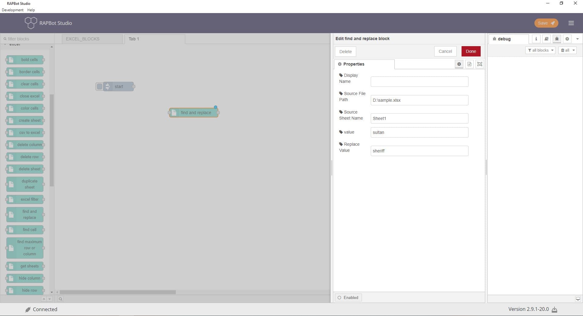 Bot Studio find and replace block configuration
