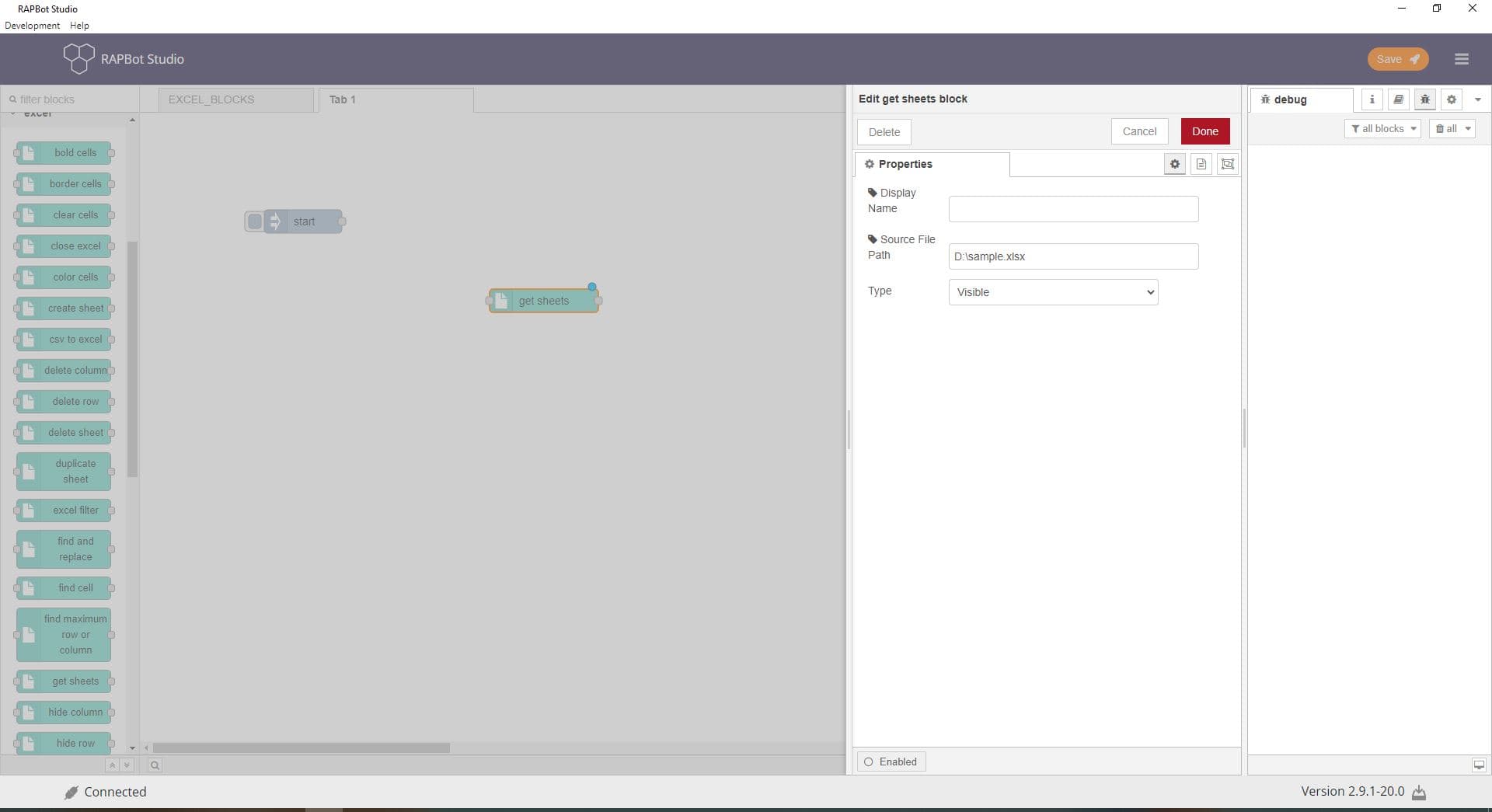 Bot Studio get sheets block configuration