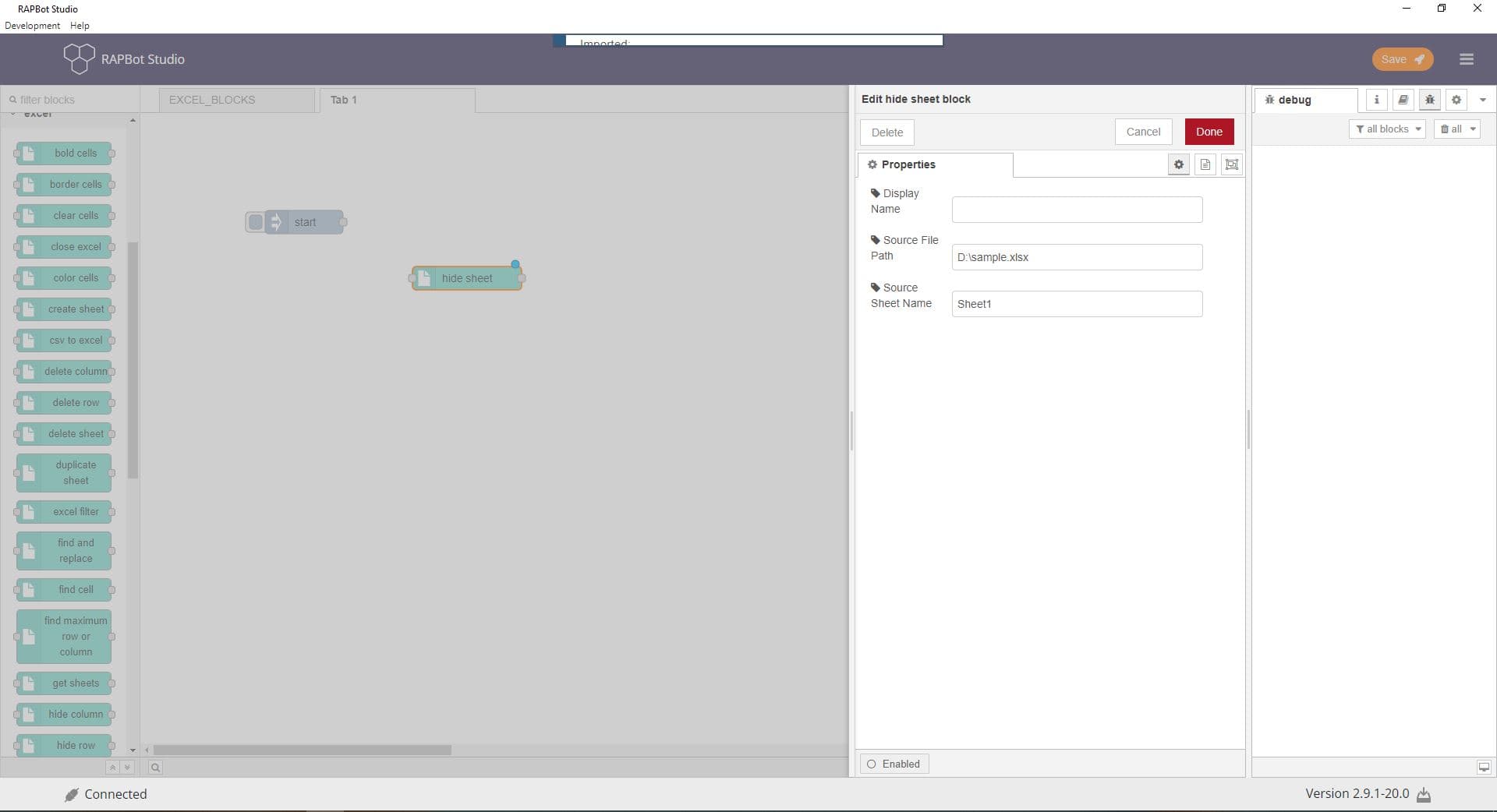 Bot Studio hide sheet block configuration