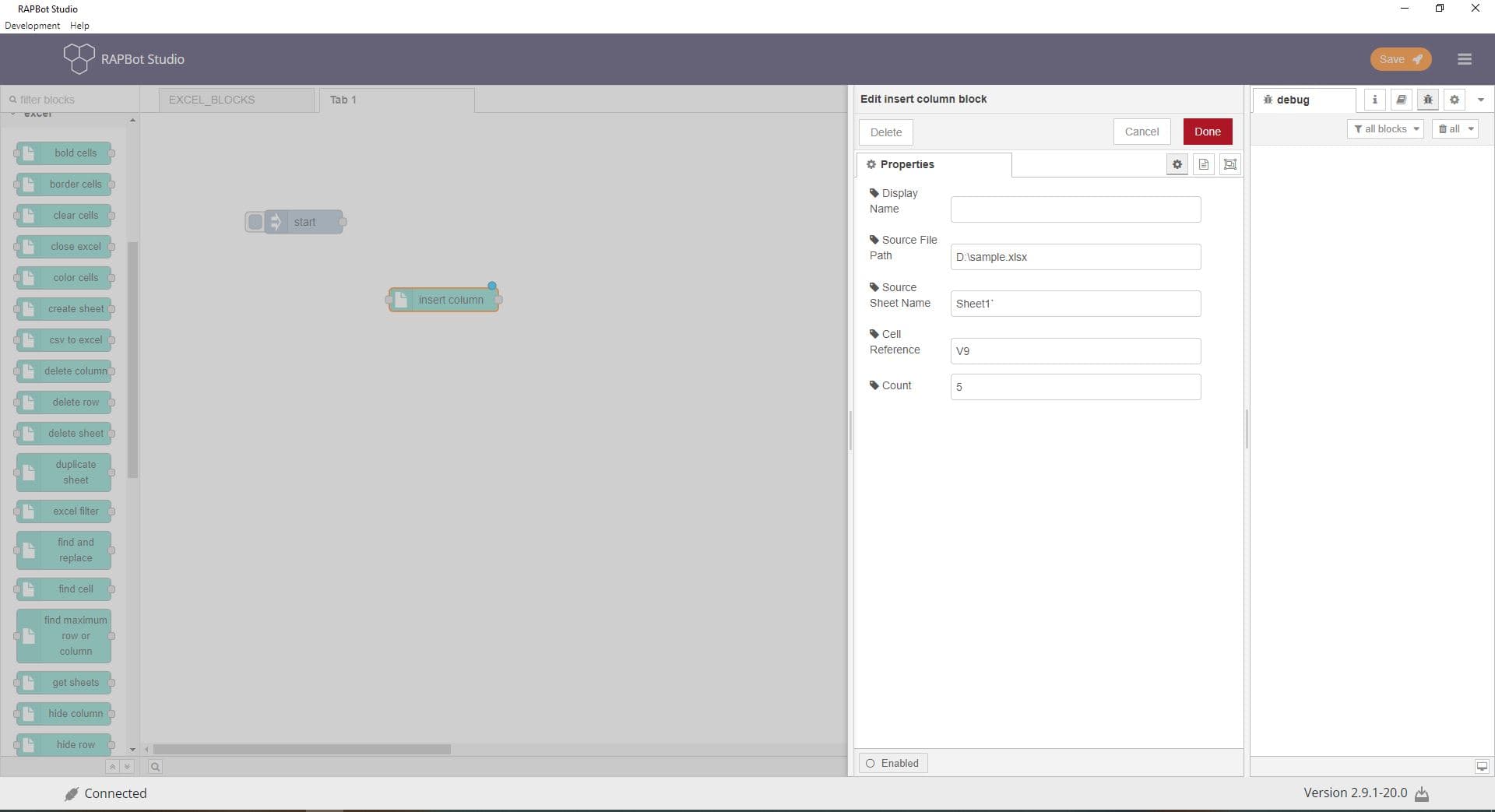 Bot Studio insert column block configuration