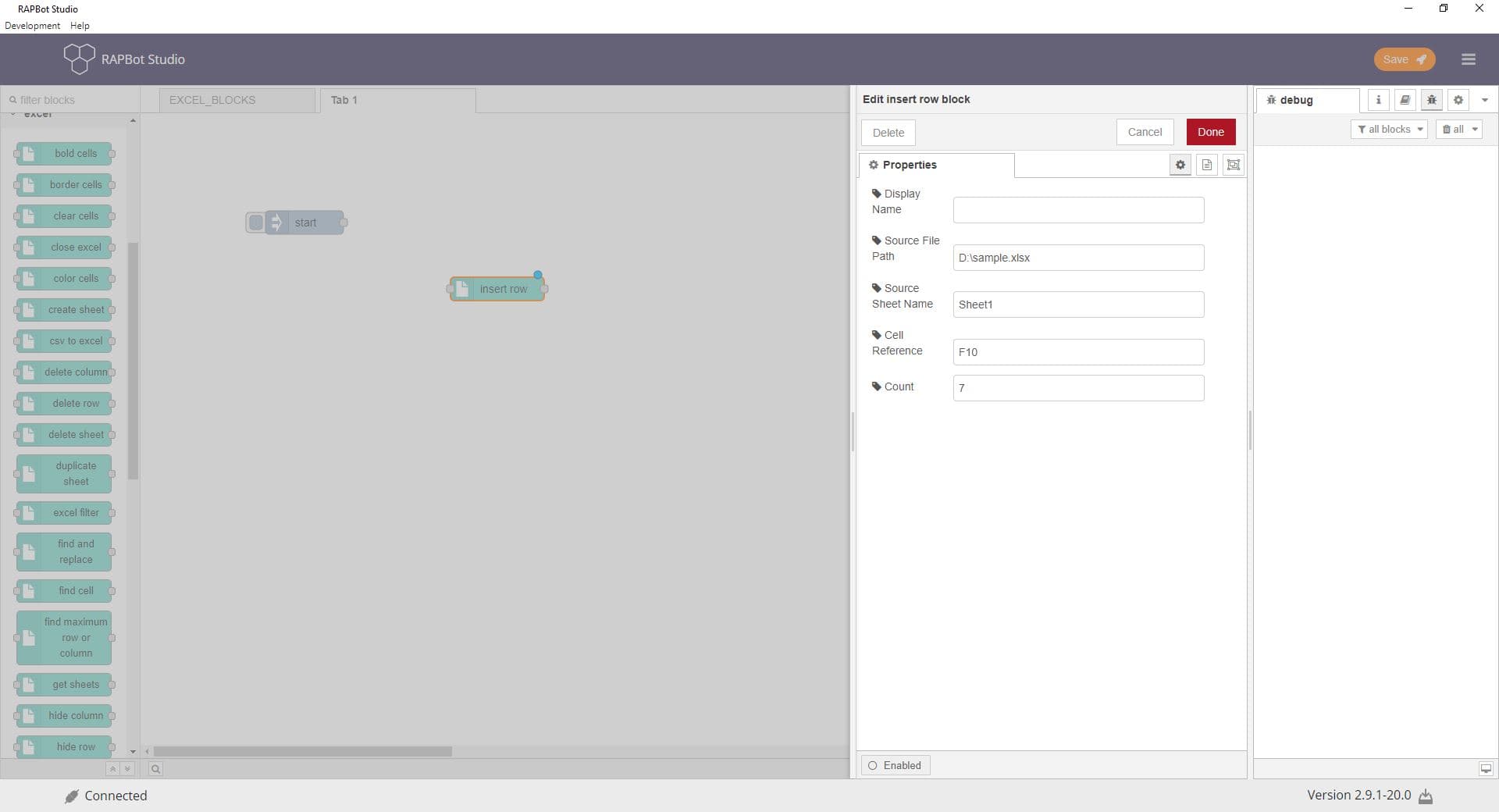 Bot Studio insert row block configuration