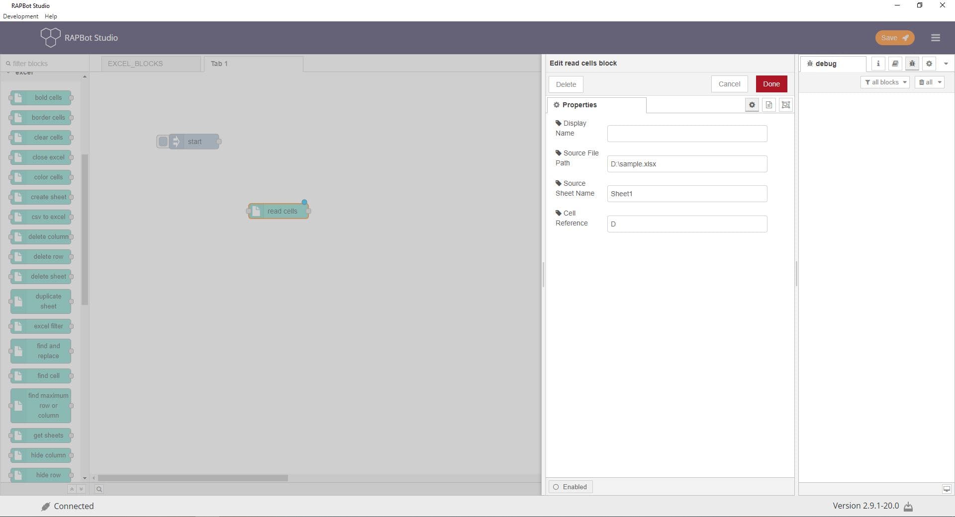 Bot Studio read cells block configuration