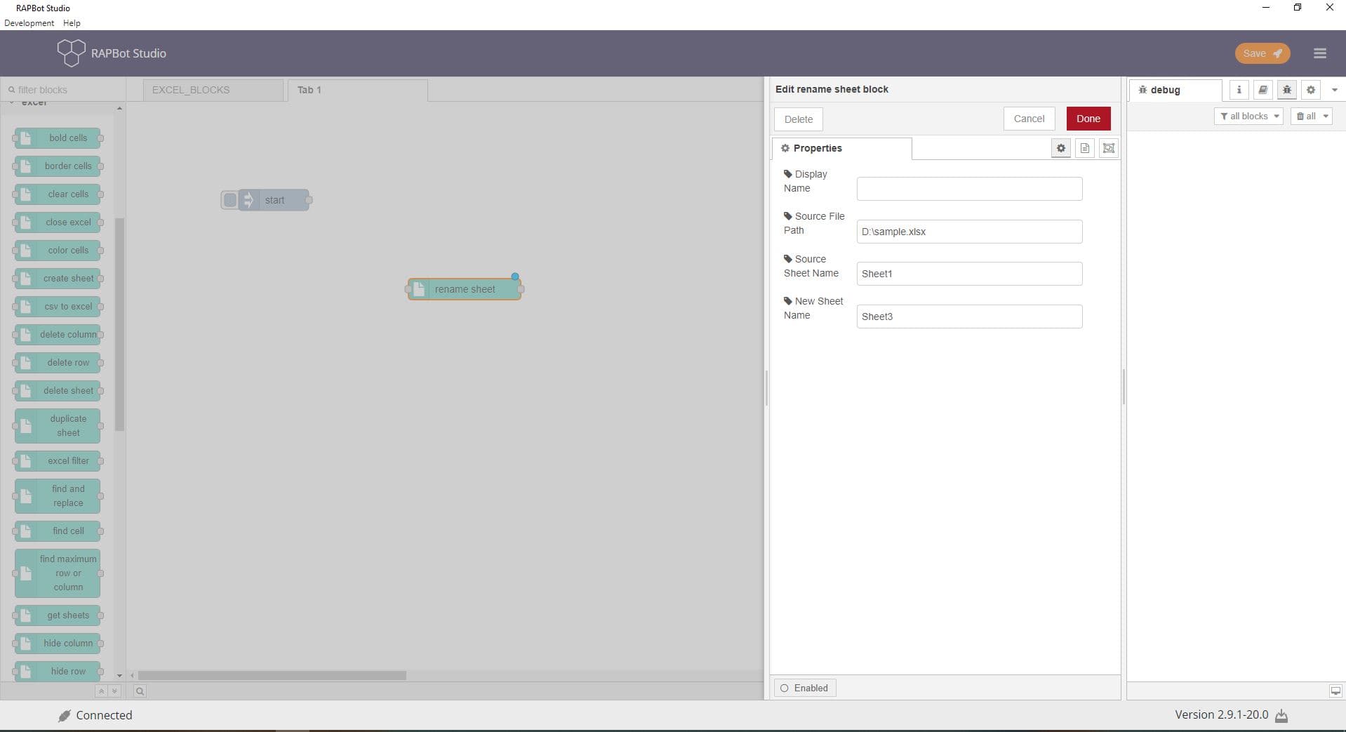 Bot Studio rename sheet block configuration