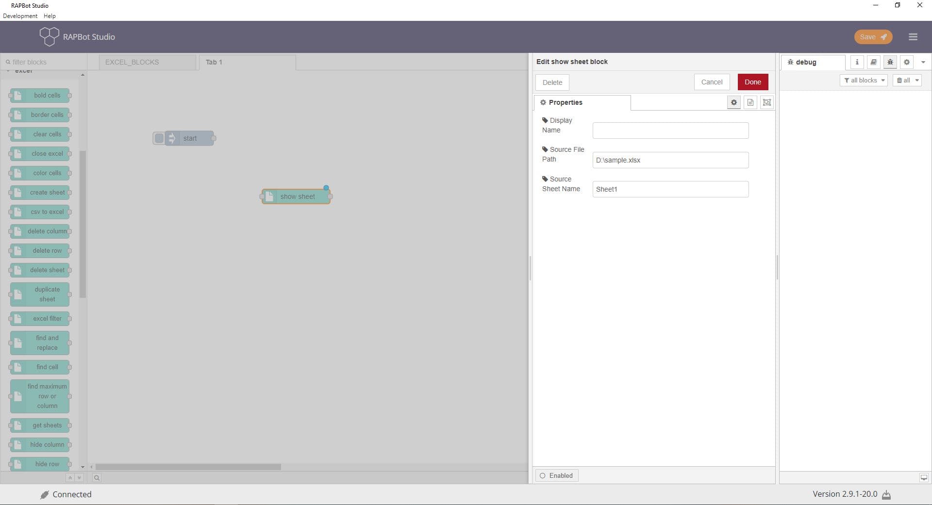 Bot Studio show sheet block configuration