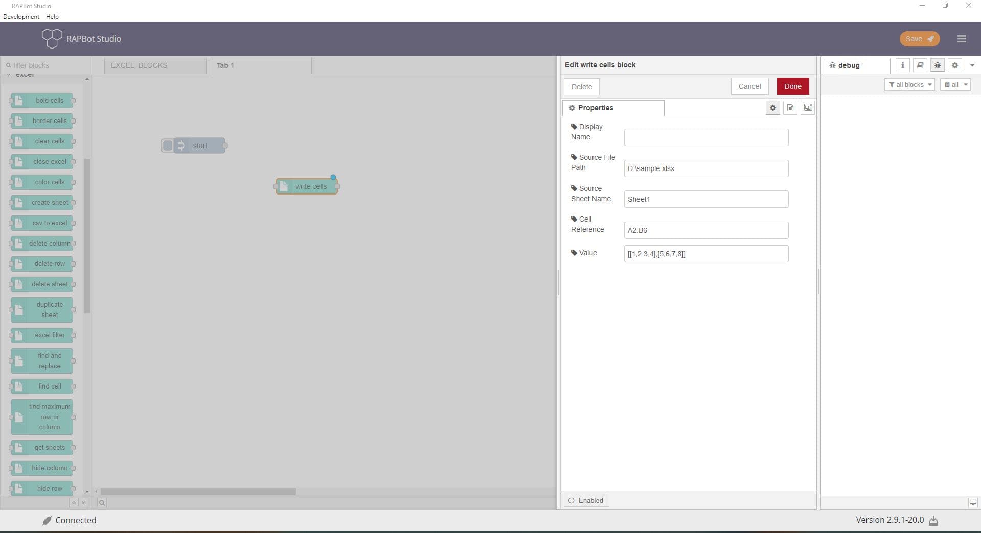 Bot Studio write cells block configuration