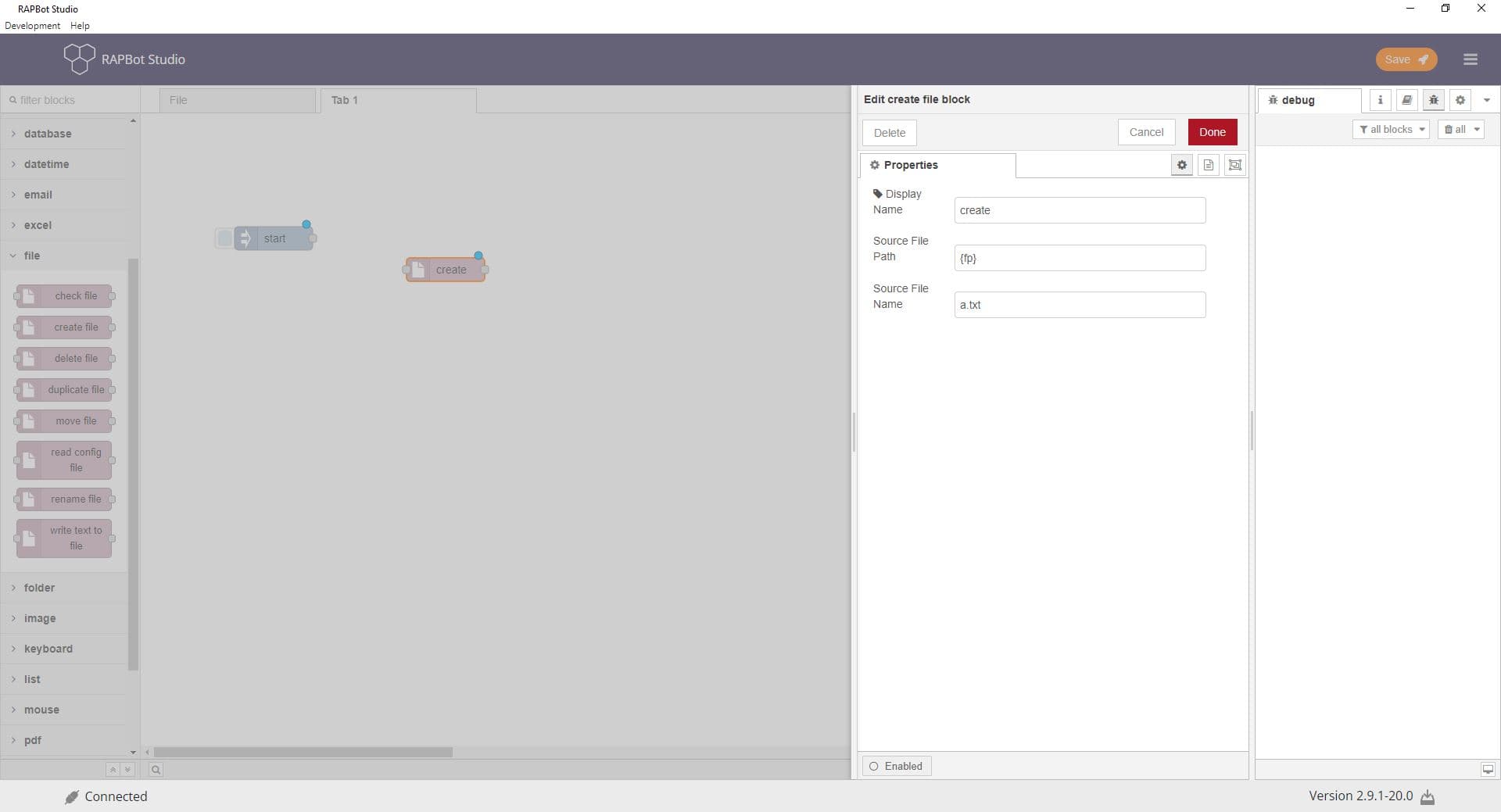 Bot Studio create file block configuration