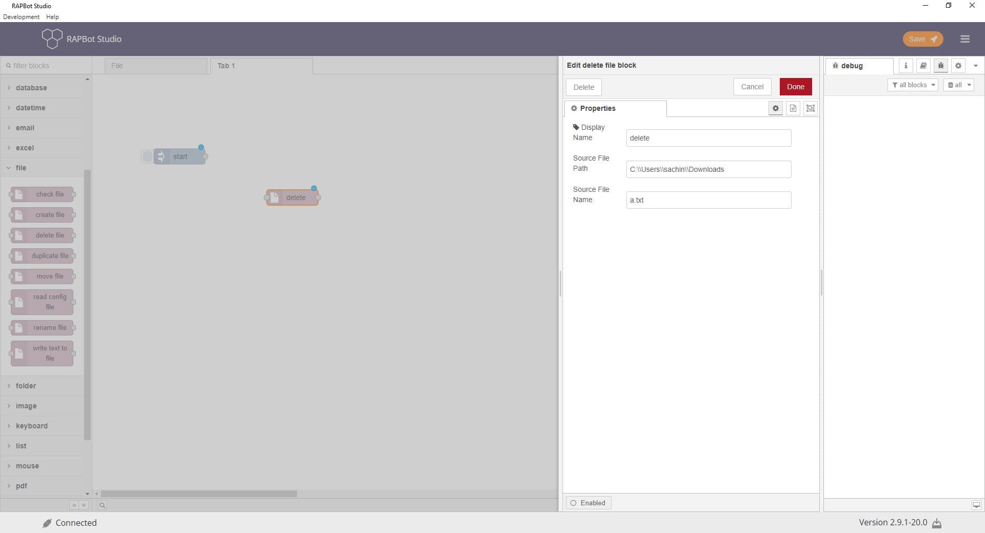 Bot Studio delete file block configuration