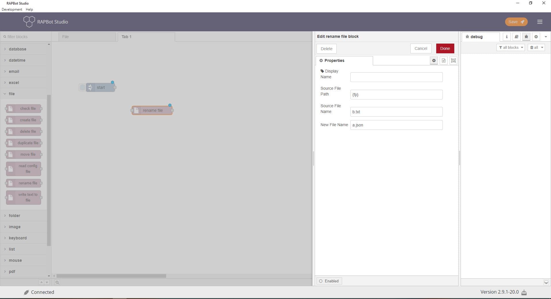Bot Studio rename file block configuration